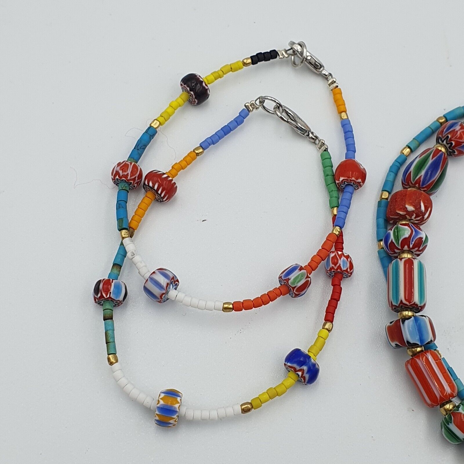 Set Vintage Venetian Style Chevron and Tiny Turquoise Seed  Beads Necklace.