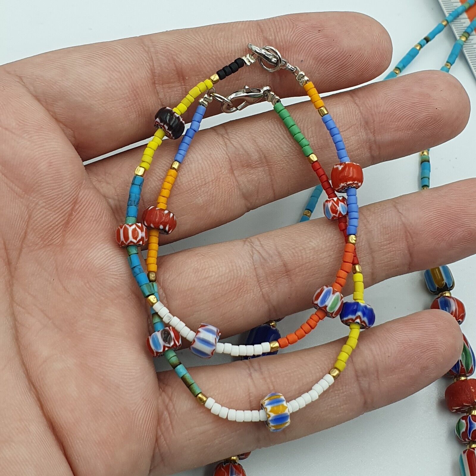 Set Vintage Venetian Style Chevron and Tiny Turquoise Seed  Beads Necklace.