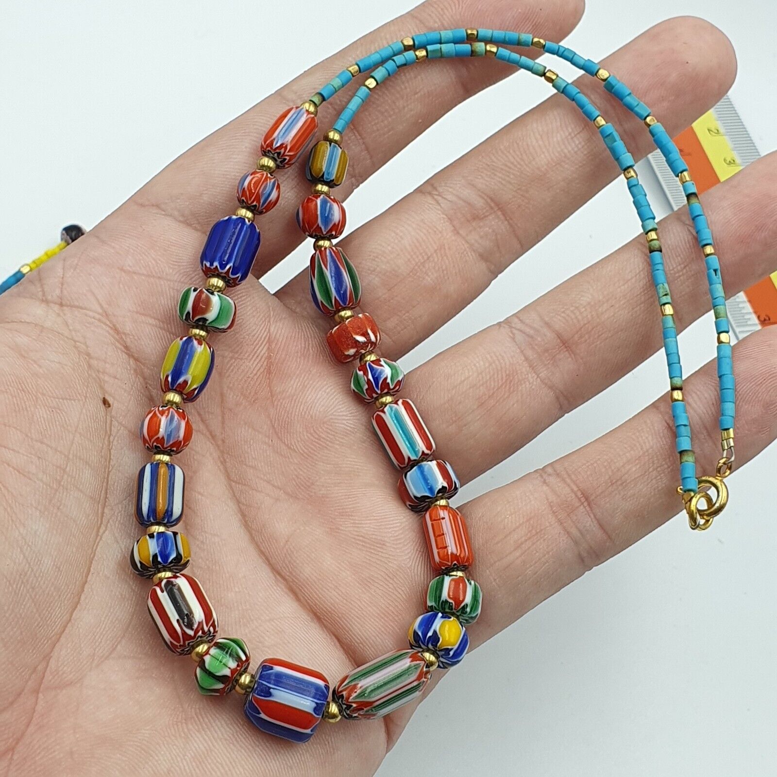 Set Vintage Venetian Style Chevron and Tiny Turquoise Seed  Beads Necklace.