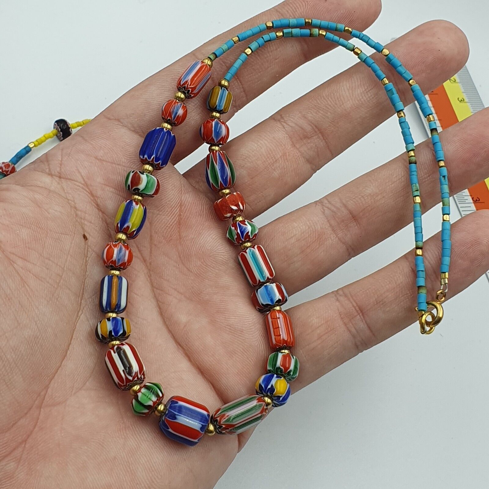 Set Vintage Venetian Style Chevron and Tiny Turquoise Seed  Beads Necklace.