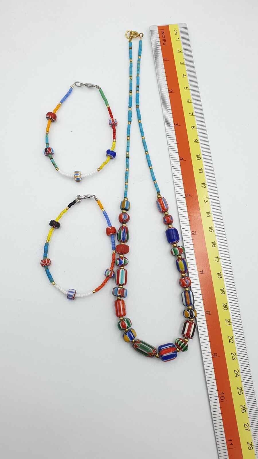 Set Vintage Venetian Style Chevron and Tiny Turquoise Seed  Beads Necklace.