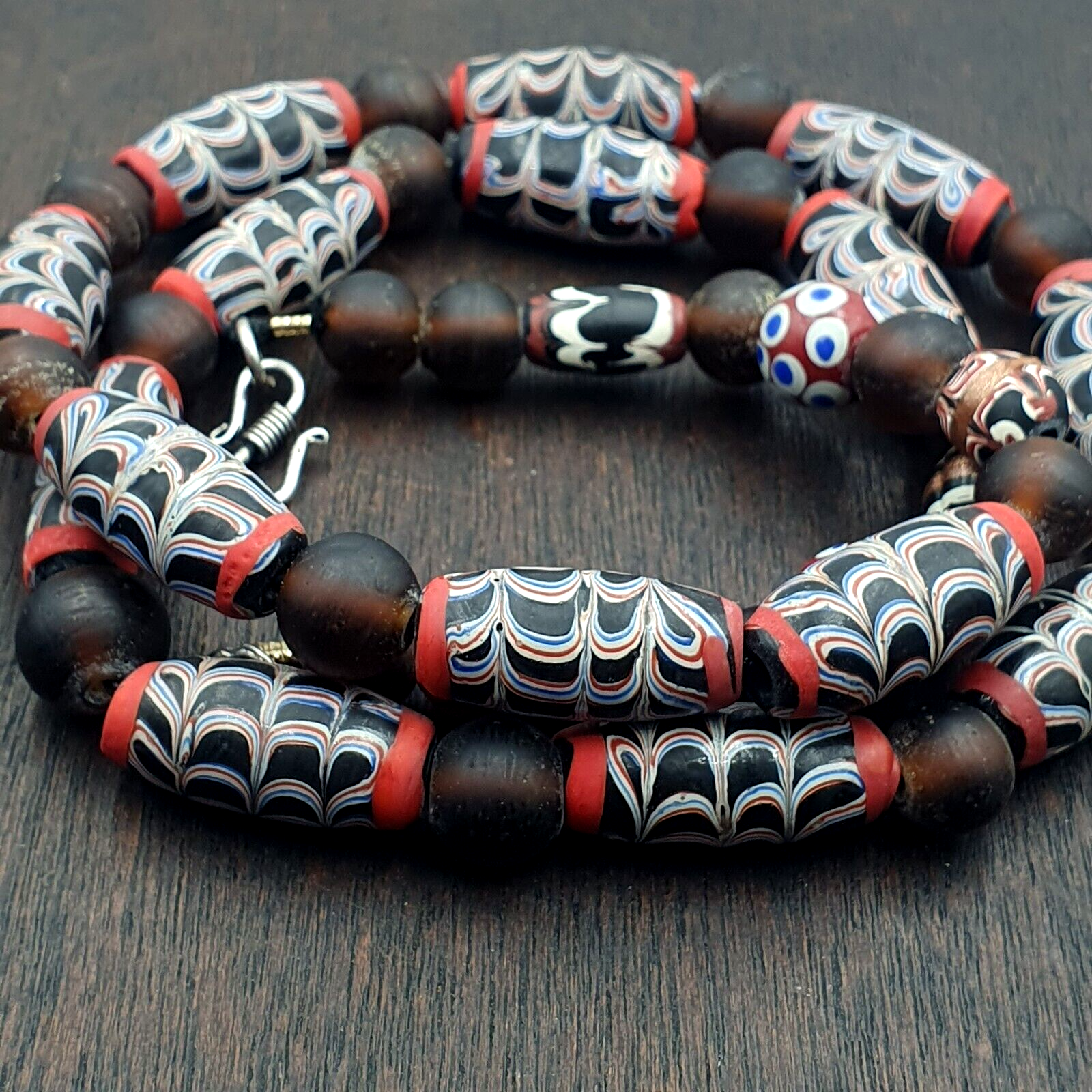 Vintage Feather Style Unique Pattern Trade Beads Beaded Necklace