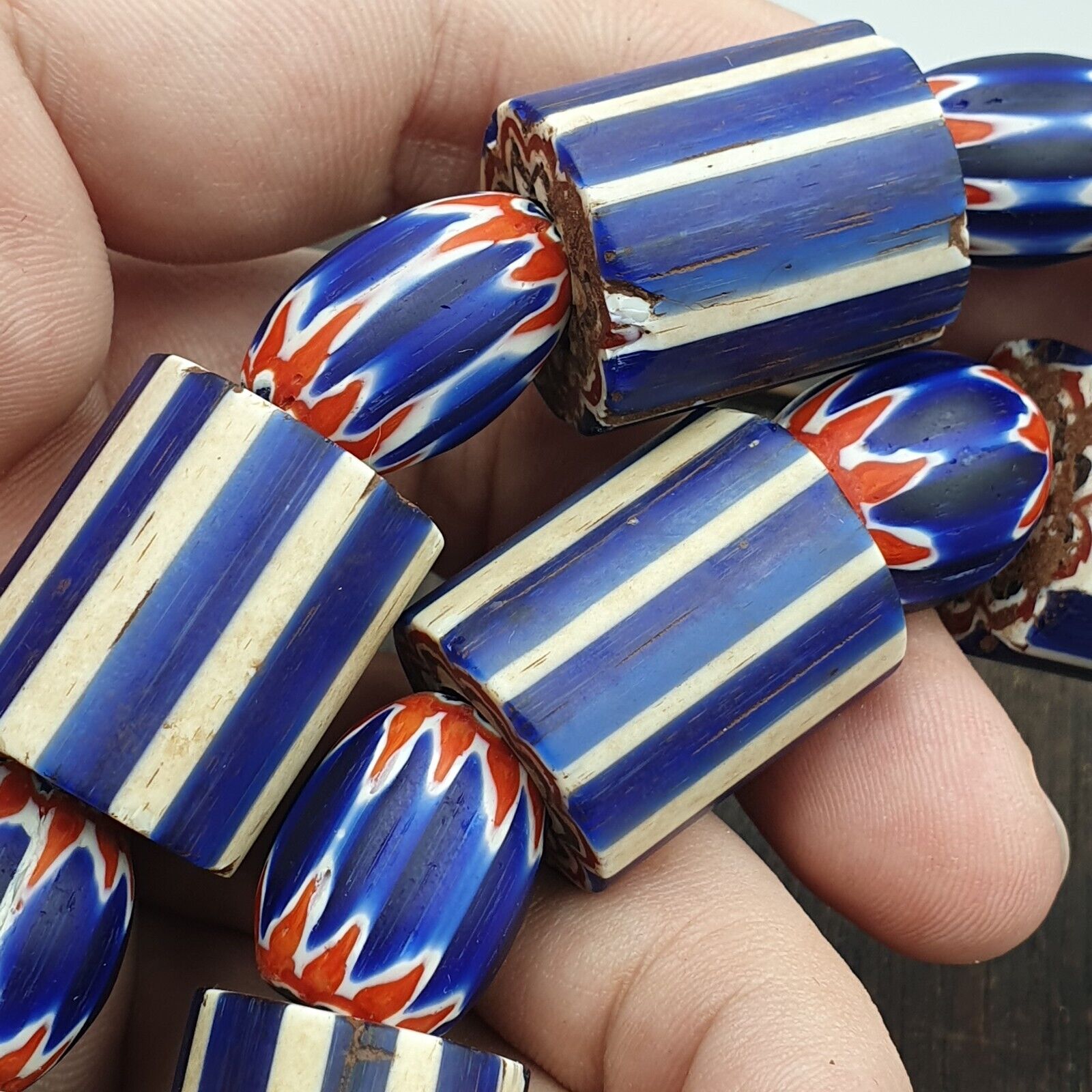 Vintage Old Blue Chevron Trade beads Big Size 20mm Beads Necklace