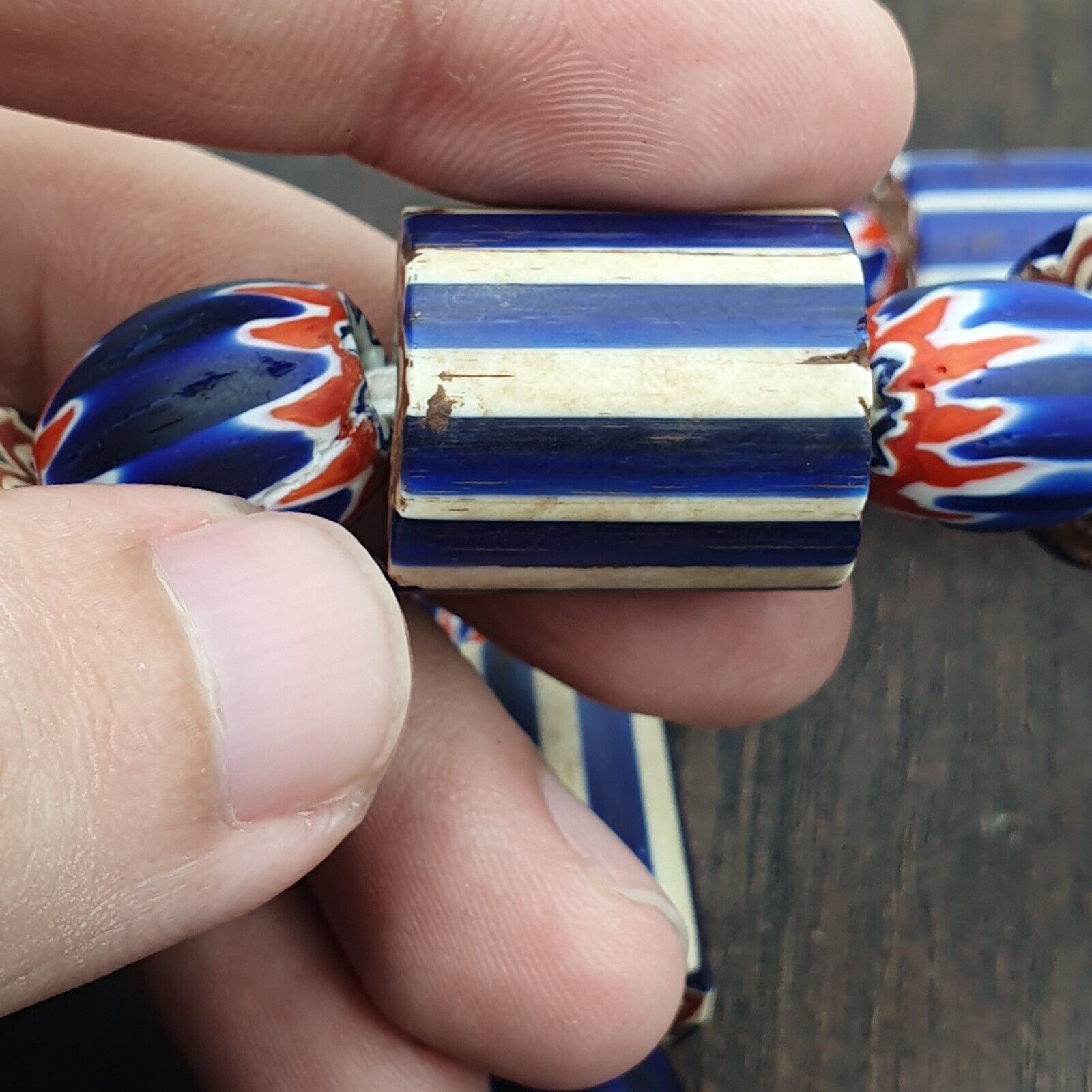 Vintage Old Blue Chevron Trade beads Big Size 20mm Beads Necklace