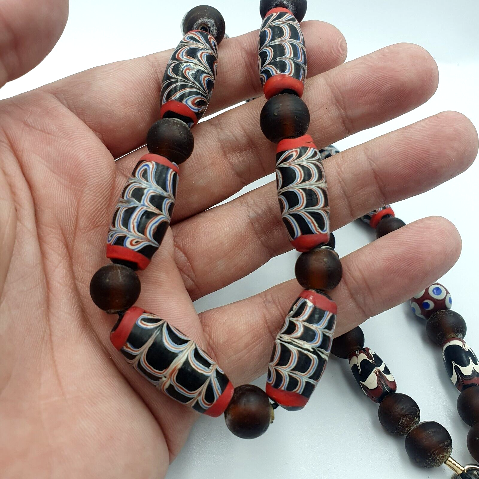 Vintage Feather Style Unique Pattern Trade Beads Beaded Necklace