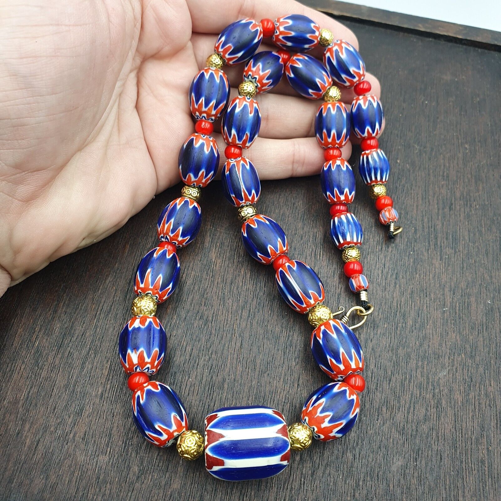 Venetian Red White Heart 6mm and Blue Chevron Glass Beads Necklace NCH-4