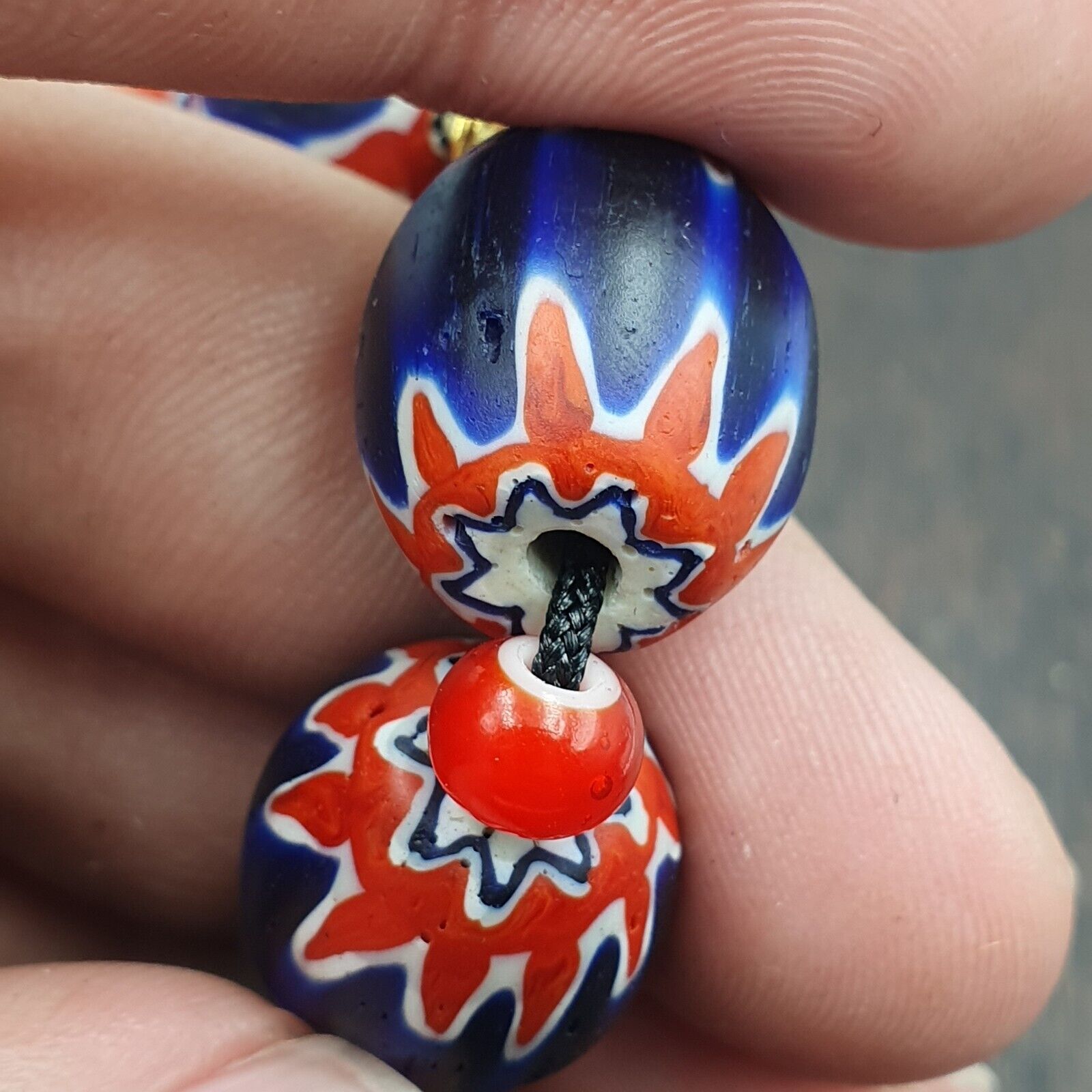 Venetian Red White Heart 6mm and Blue Chevron Glass Beads Necklace NCH-4