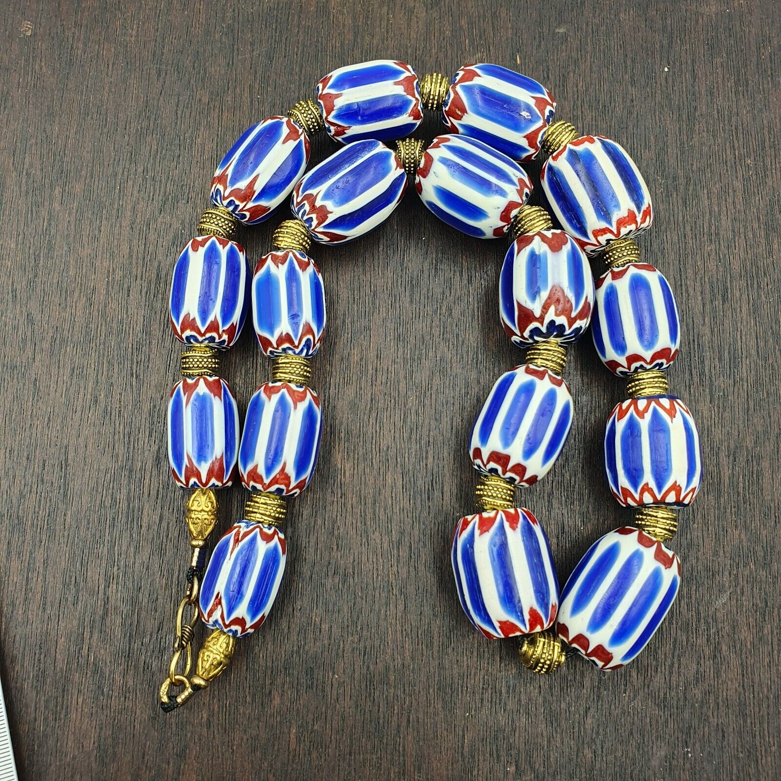 Vinatage Venetian inspired Trade  Blue Chevron Glass Beads Necklace NCH-1