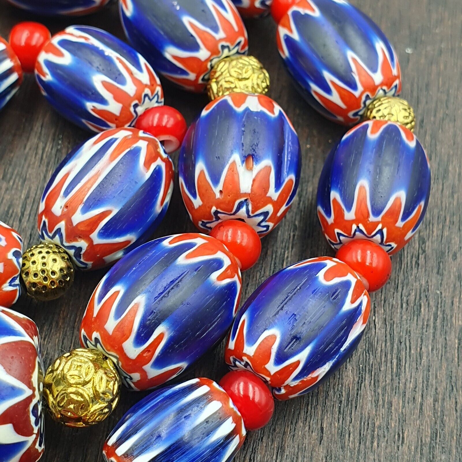 Venetian Red White Heart 6mm and Blue Chevron Glass Beads Necklace NCH-4