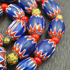 Venetian Red White Heart 6mm and Blue Chevron Glass Beads Necklace NCH-4