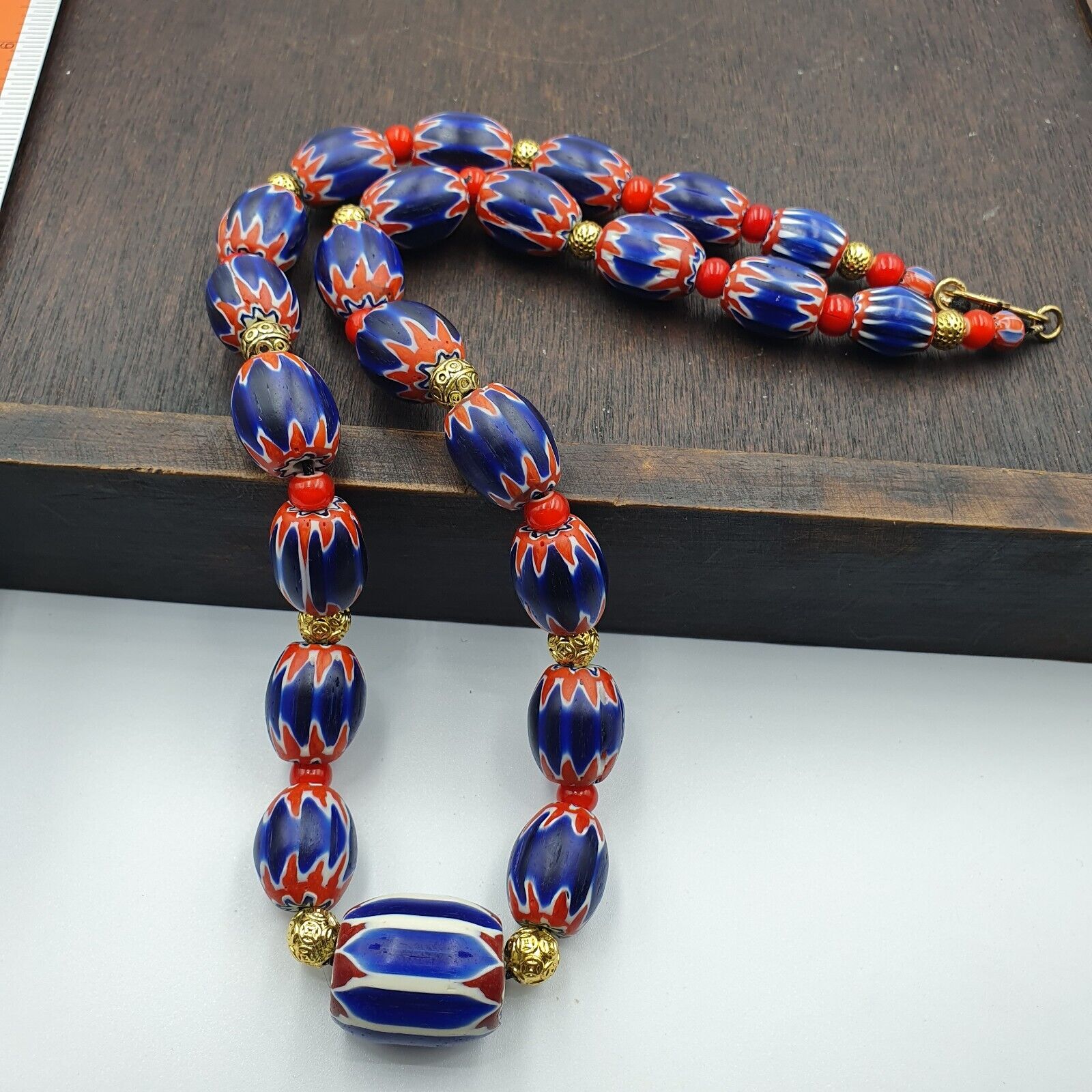 Venetian Red White Heart 6mm and Blue Chevron Glass Beads Necklace NCH-4