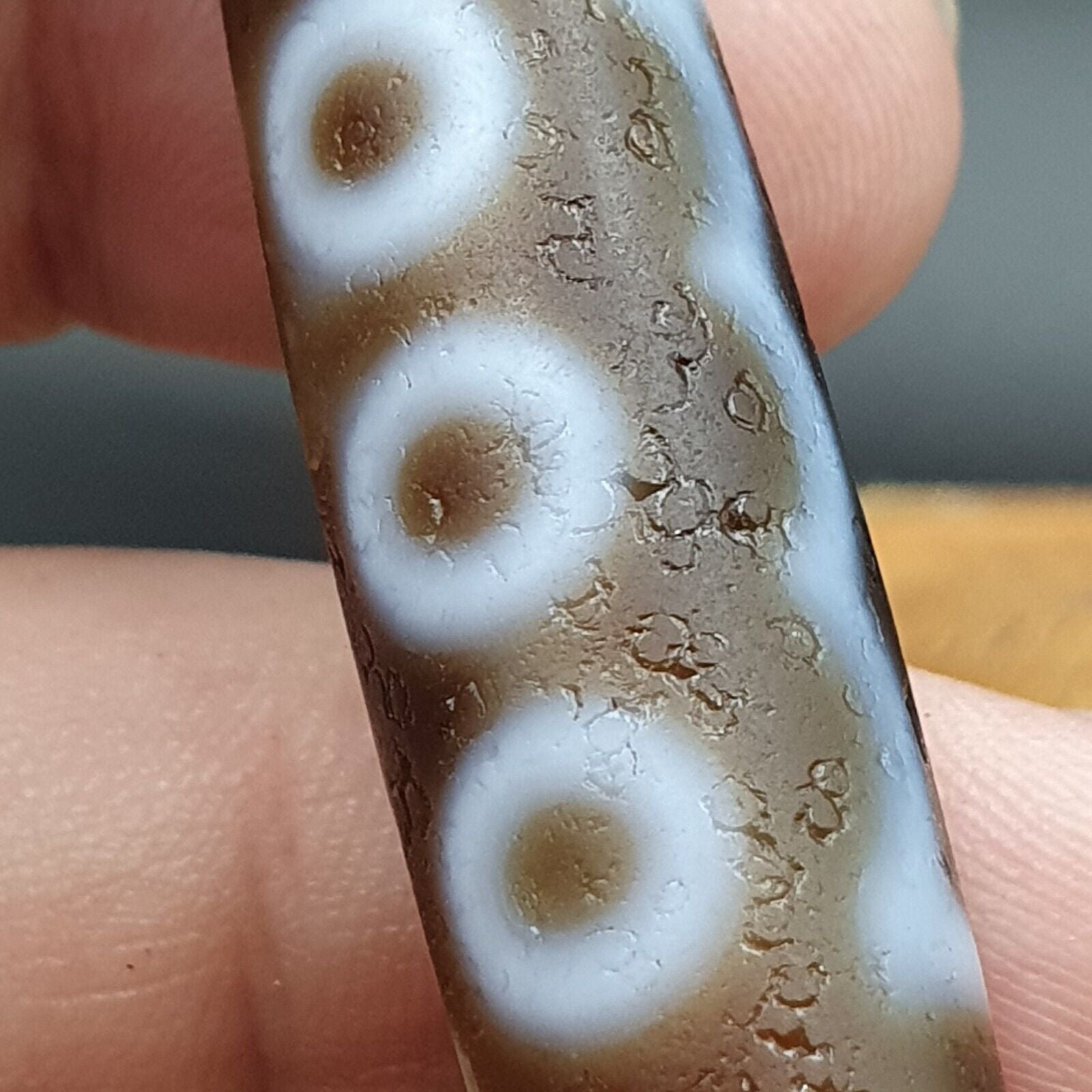 Vintage Old Himalayan Indo Tibetan 5 Eyes pattern Dzi Amulet Pendant Bead B25