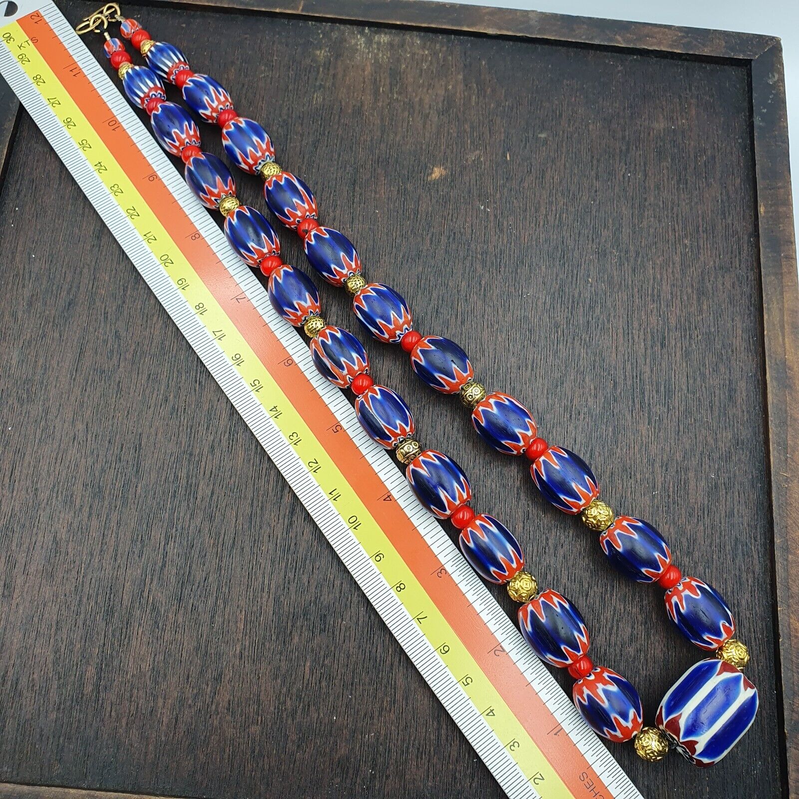 Venetian Red White Heart 6mm and Blue Chevron Glass Beads Necklace NCH-4