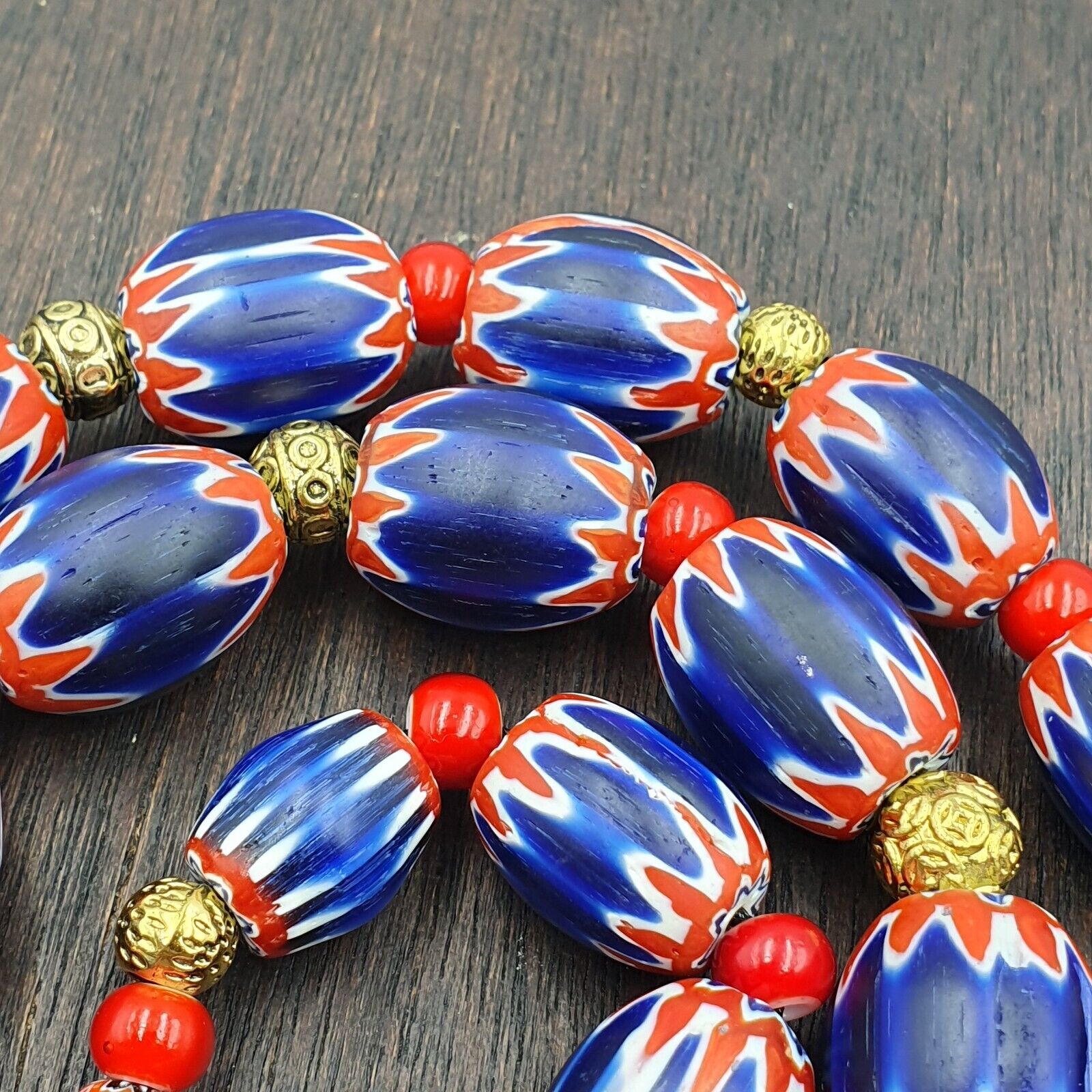 Venetian Red White Heart 6mm and Blue Chevron Glass Beads Necklace NCH-4