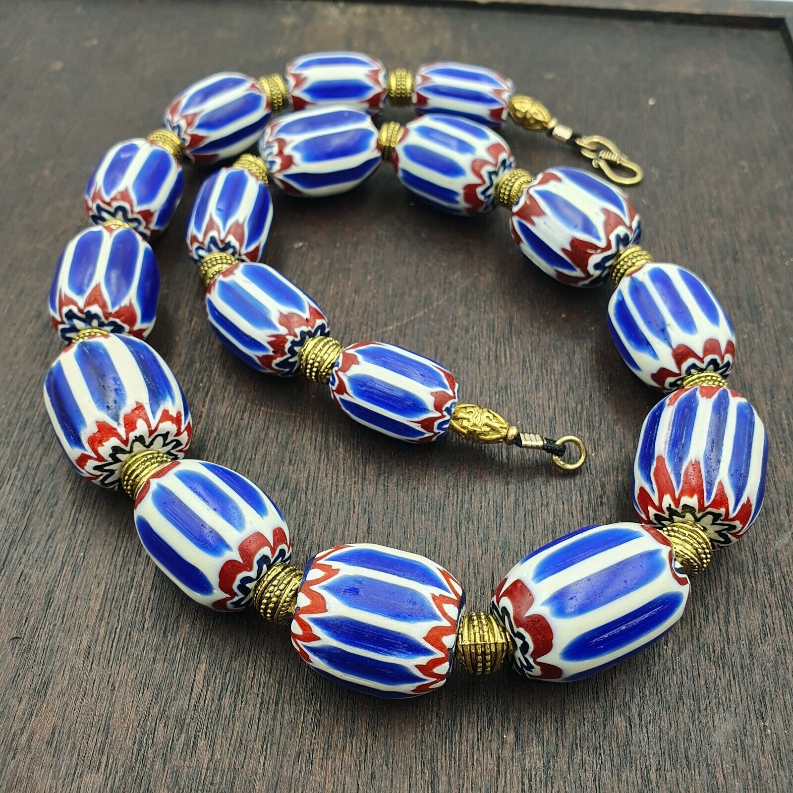 Vinatage Venetian inspired Trade  Blue Chevron Glass Beads Necklace NCH-1