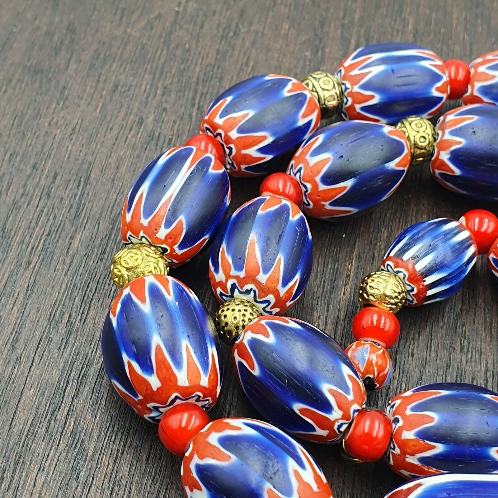 Venetian Red White Heart 6mm and Blue Chevron Glass Beads Necklace NCH-4