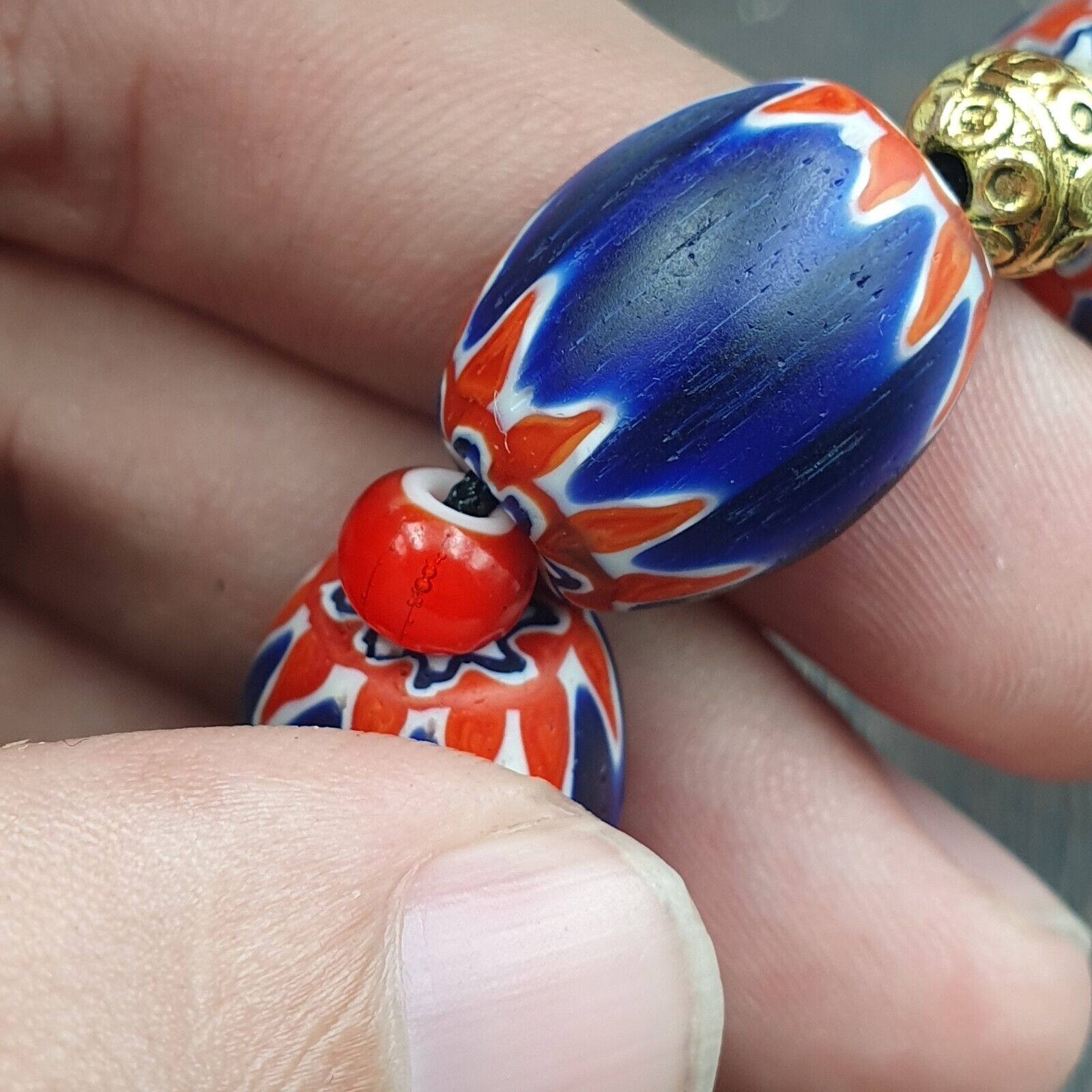 Venetian Red White Heart 6mm and Blue Chevron Glass Beads Necklace NCH-4