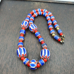 Venetian white heart and Blue Chevron Glass Beads Necklace NCH-2