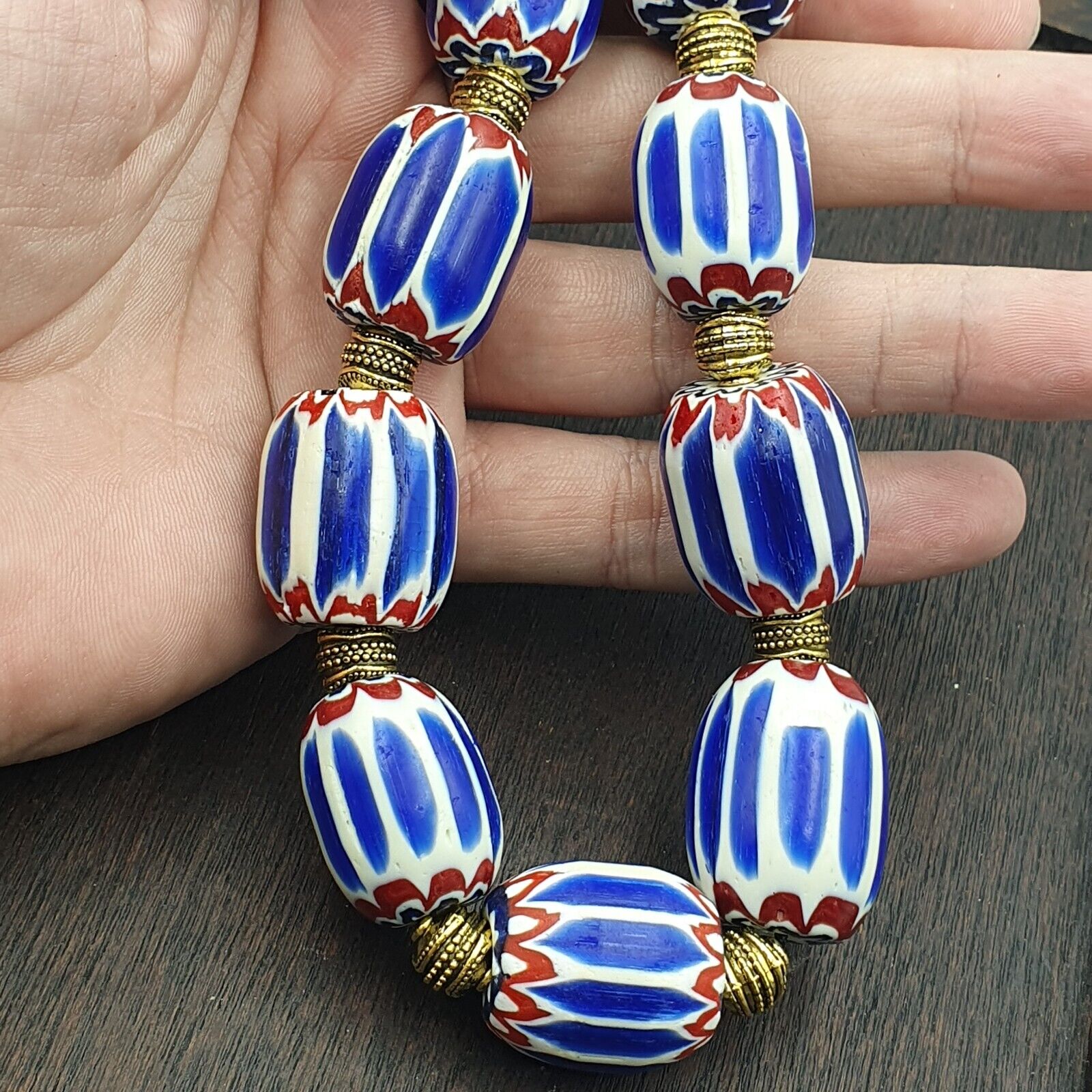 Vinatage Venetian inspired Trade  Blue Chevron Glass Beads Necklace NCH-1