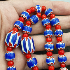 Venetian white heart and Blue Chevron Glass Beads Necklace NCH-2
