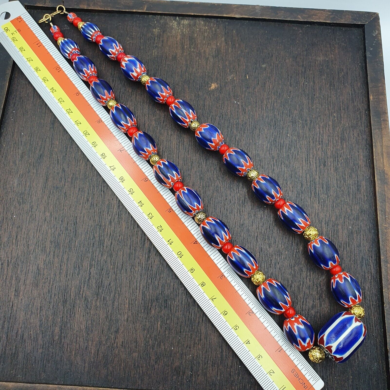 Venetian Red White Heart 6mm and Blue Chevron Glass Beads Necklace NCH-4