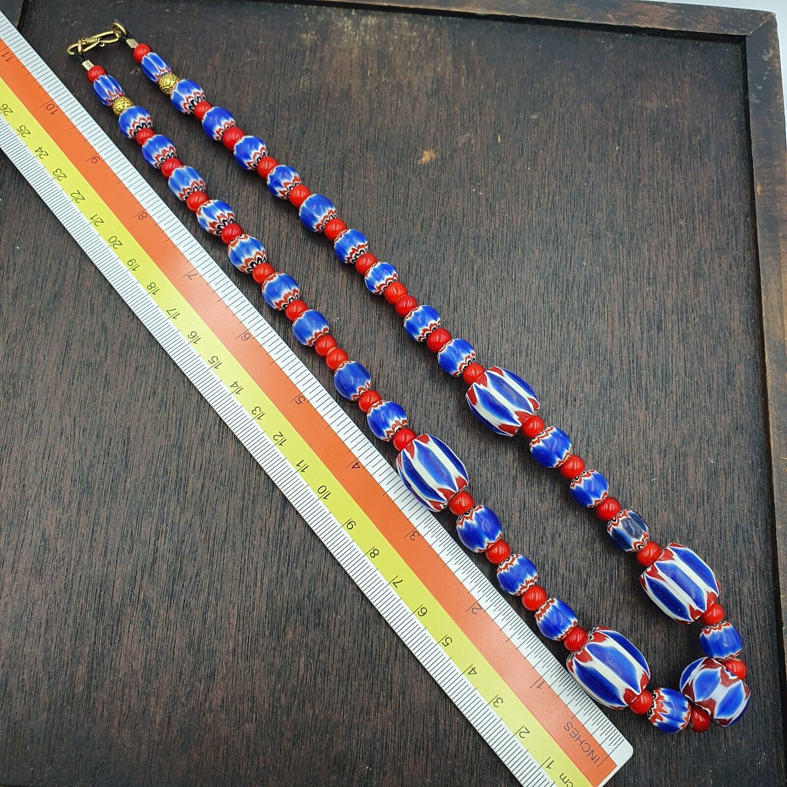 Venetian white heart and Blue Chevron Glass Beads Necklace NCH-2