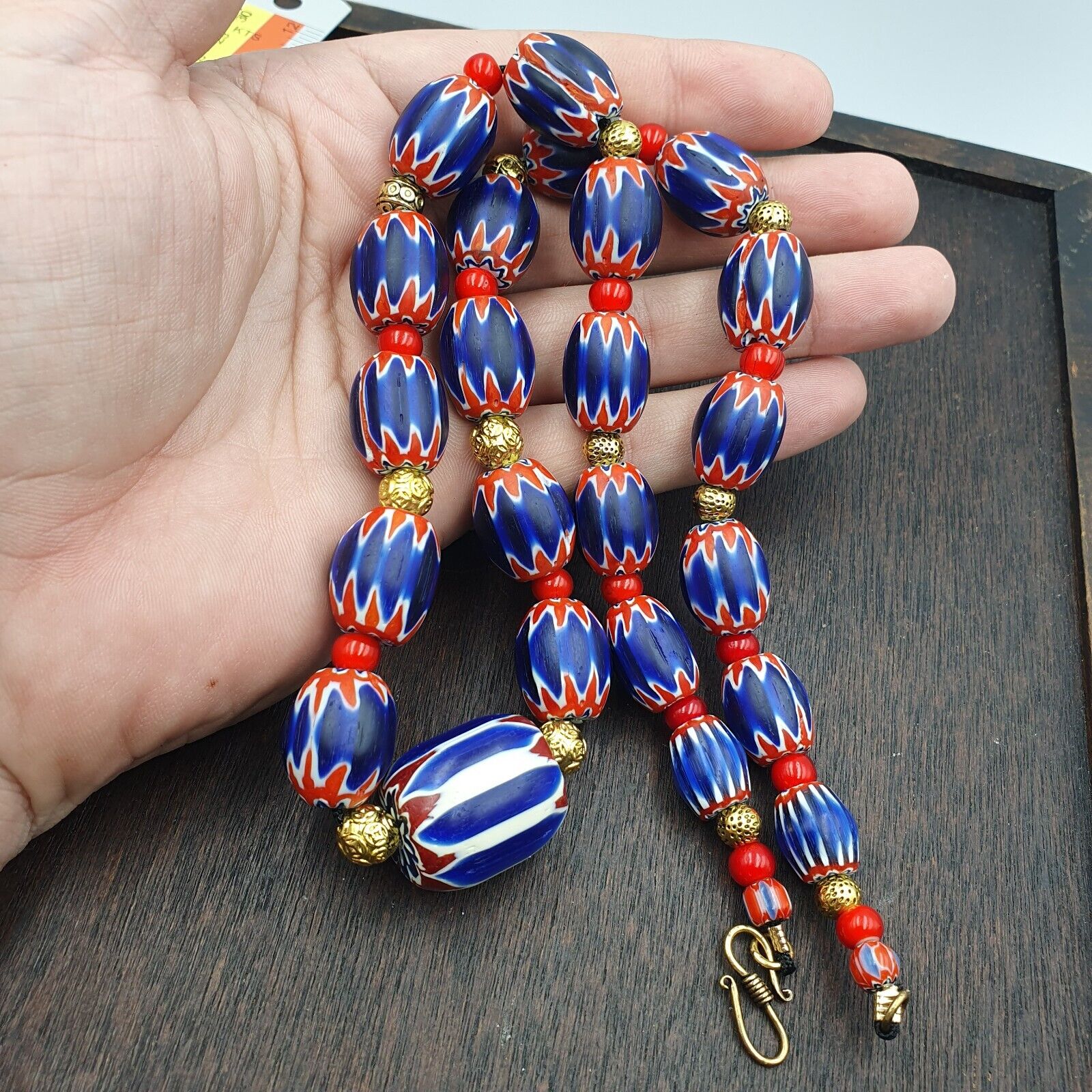 Venetian Red White Heart 6mm and Blue Chevron Glass Beads Necklace NCH-4