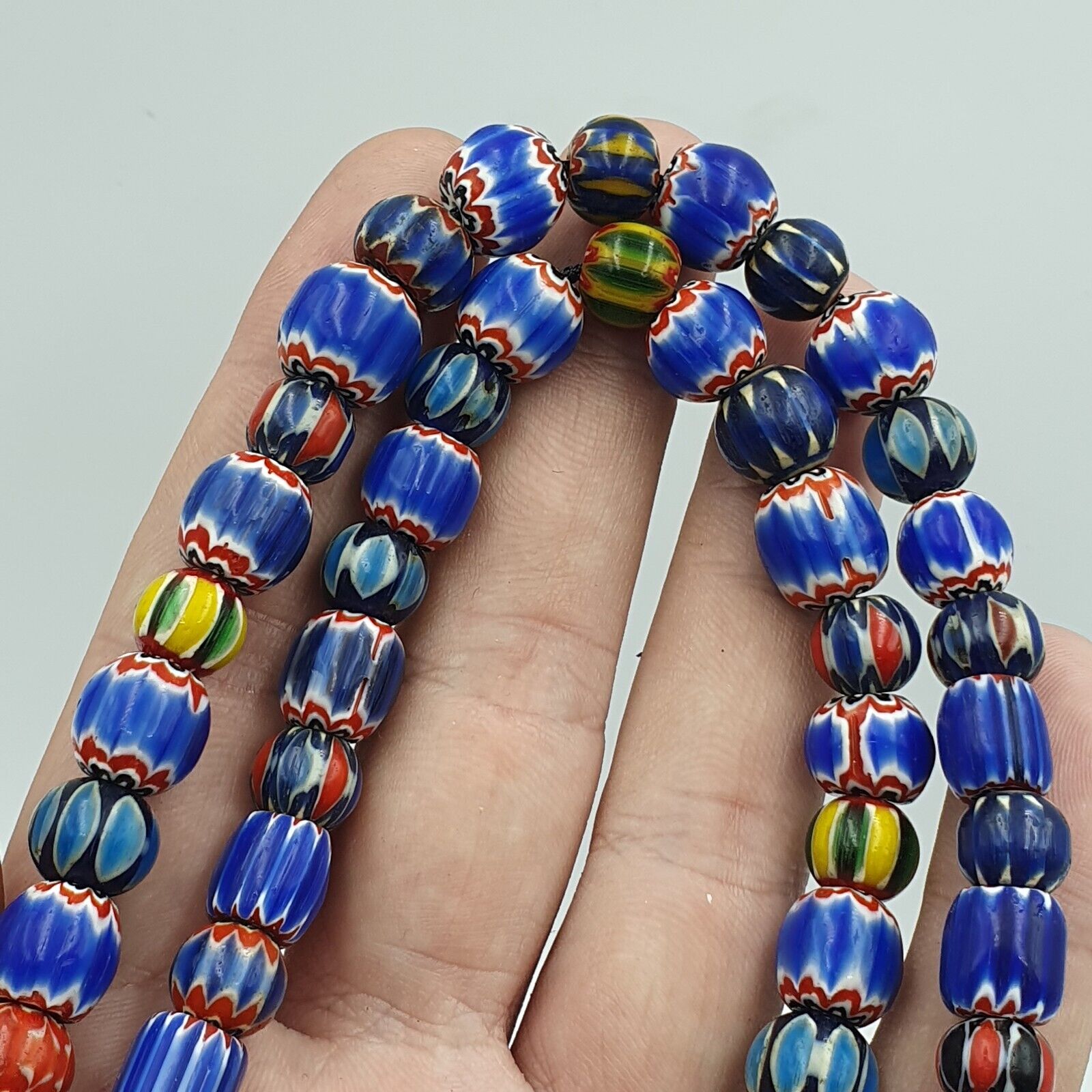 Vintage Chevron and White Heart Venetian Multilayers Glass Beads Necklace N-155