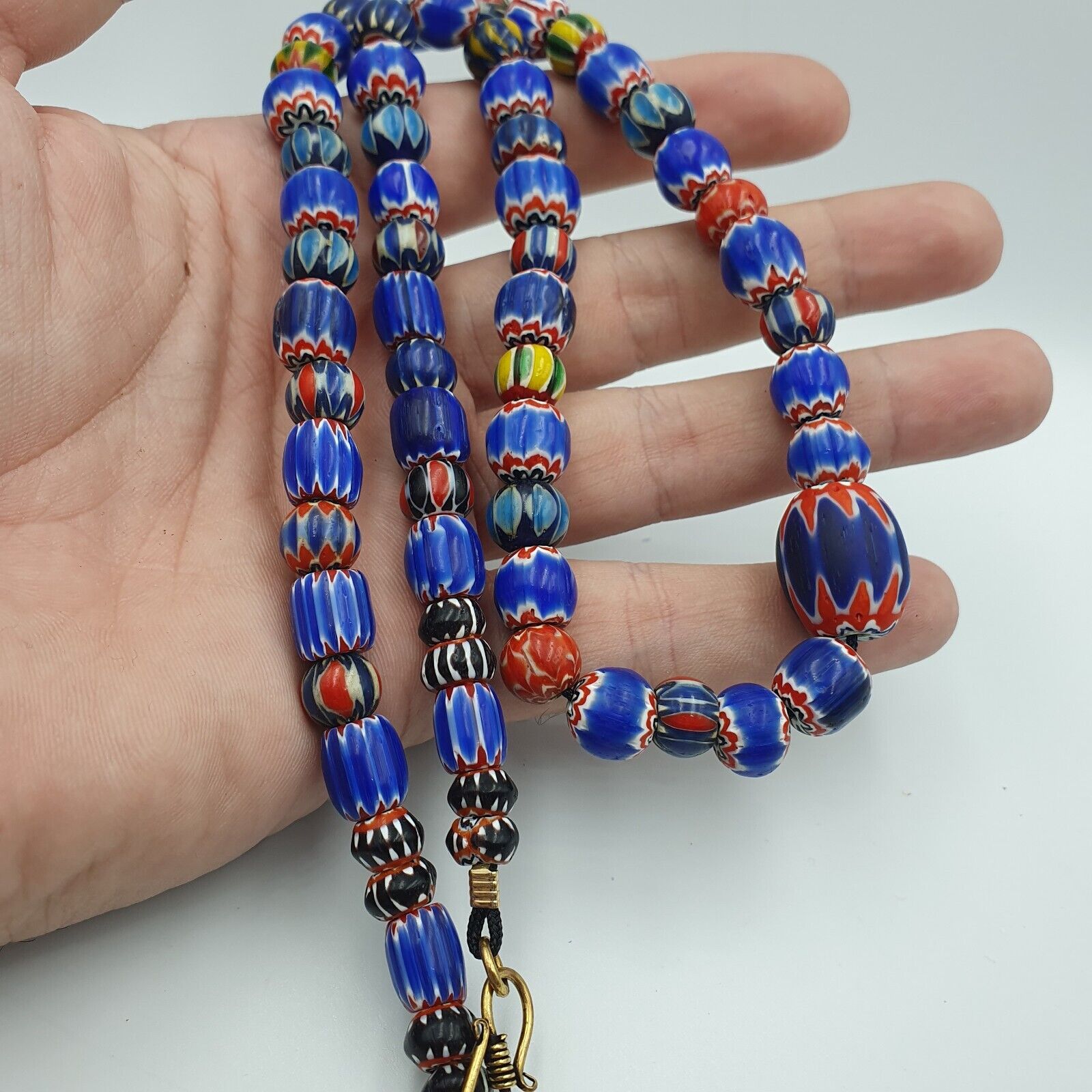 Vintage Chevron and White Heart Venetian Multilayers Glass Beads Necklace N-155