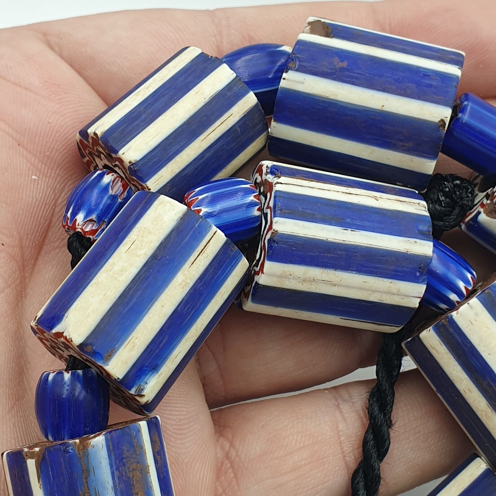 Antique Venetian Style Trade African Blue Glass Chevron Beads Lot 15 Beads