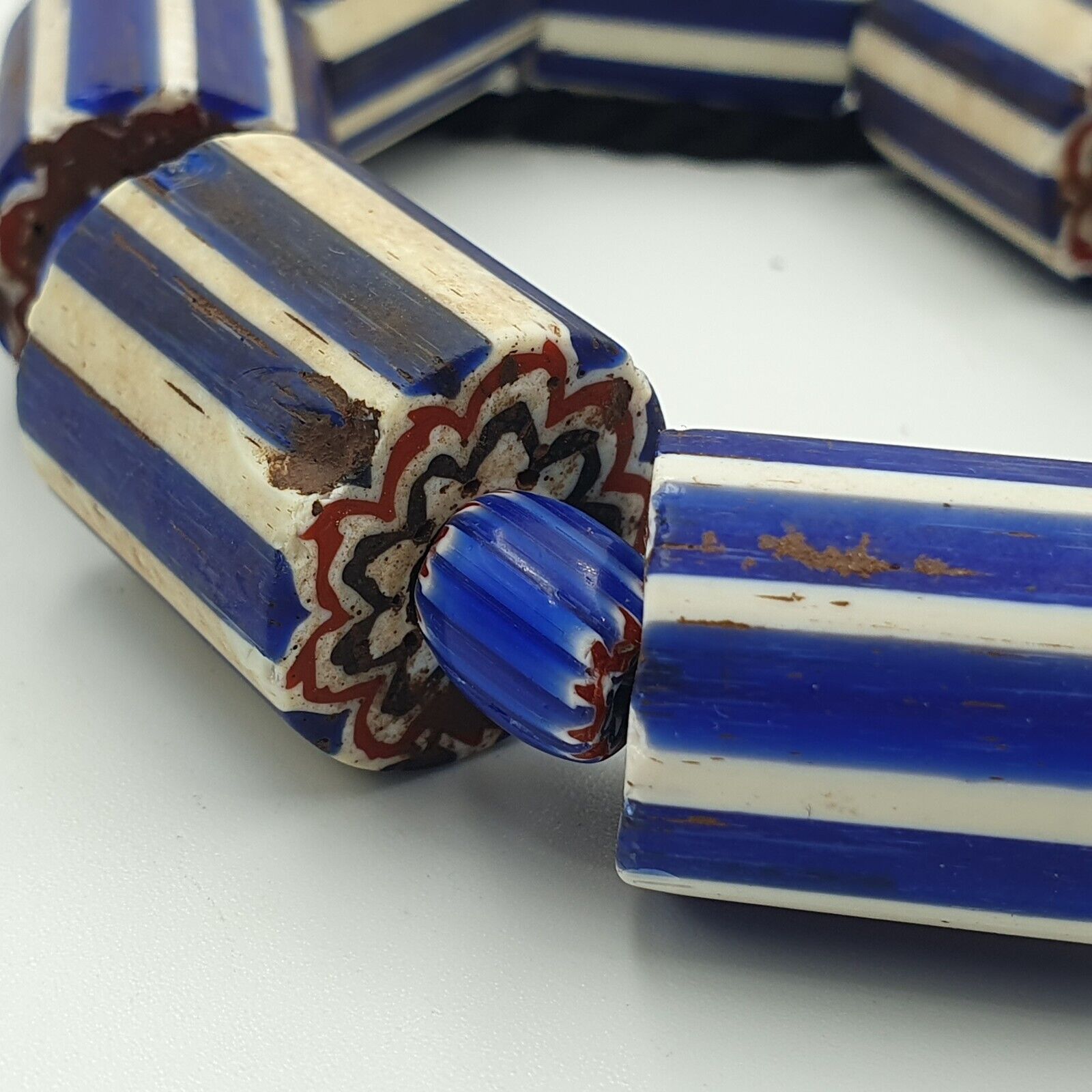 Antique Venetian Style Trade African Blue Glass Chevron Beads Lot 15 Beads