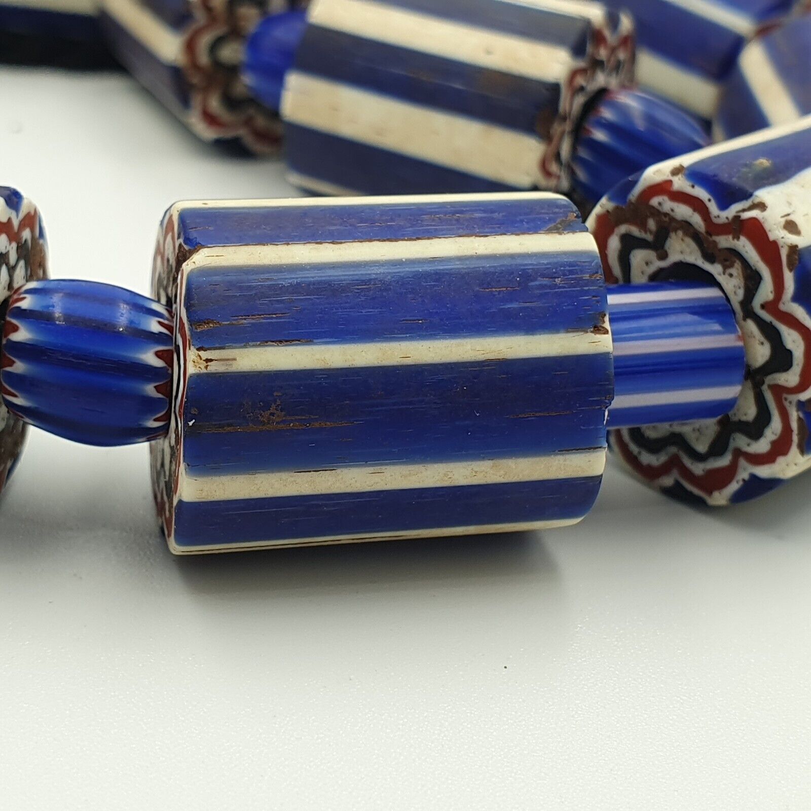 Antique Venetian Style Trade African Blue Glass Chevron Beads Lot 15 Beads