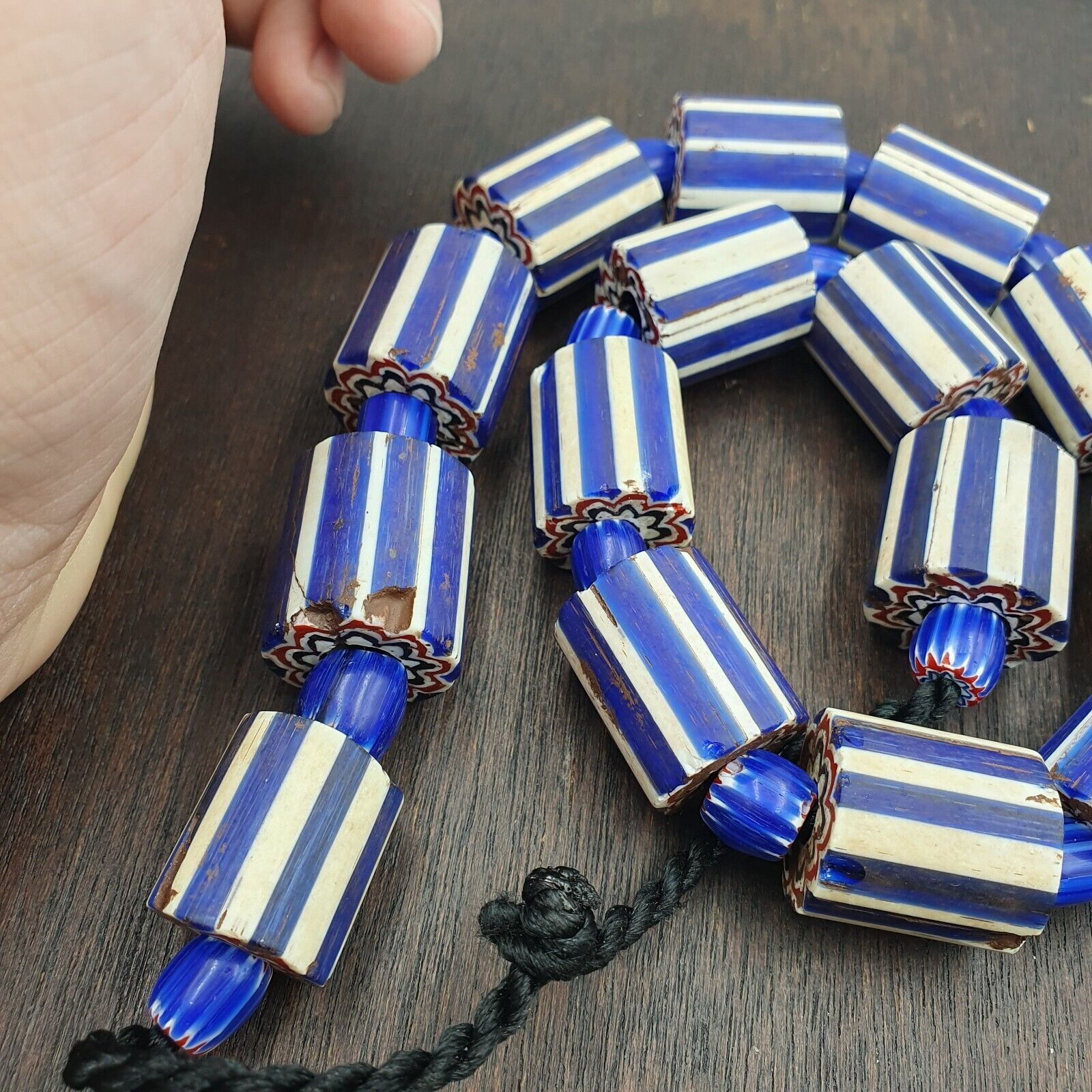Antique Venetian Style Trade African Blue Glass Chevron Beads Lot 15 Beads