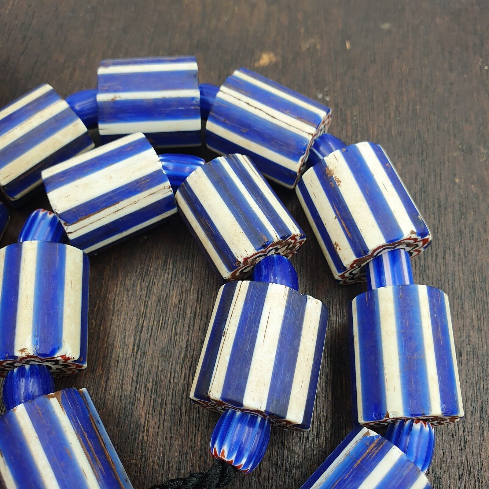 Antique Venetian Style Trade African Blue Glass Chevron Beads Lot 15 Beads