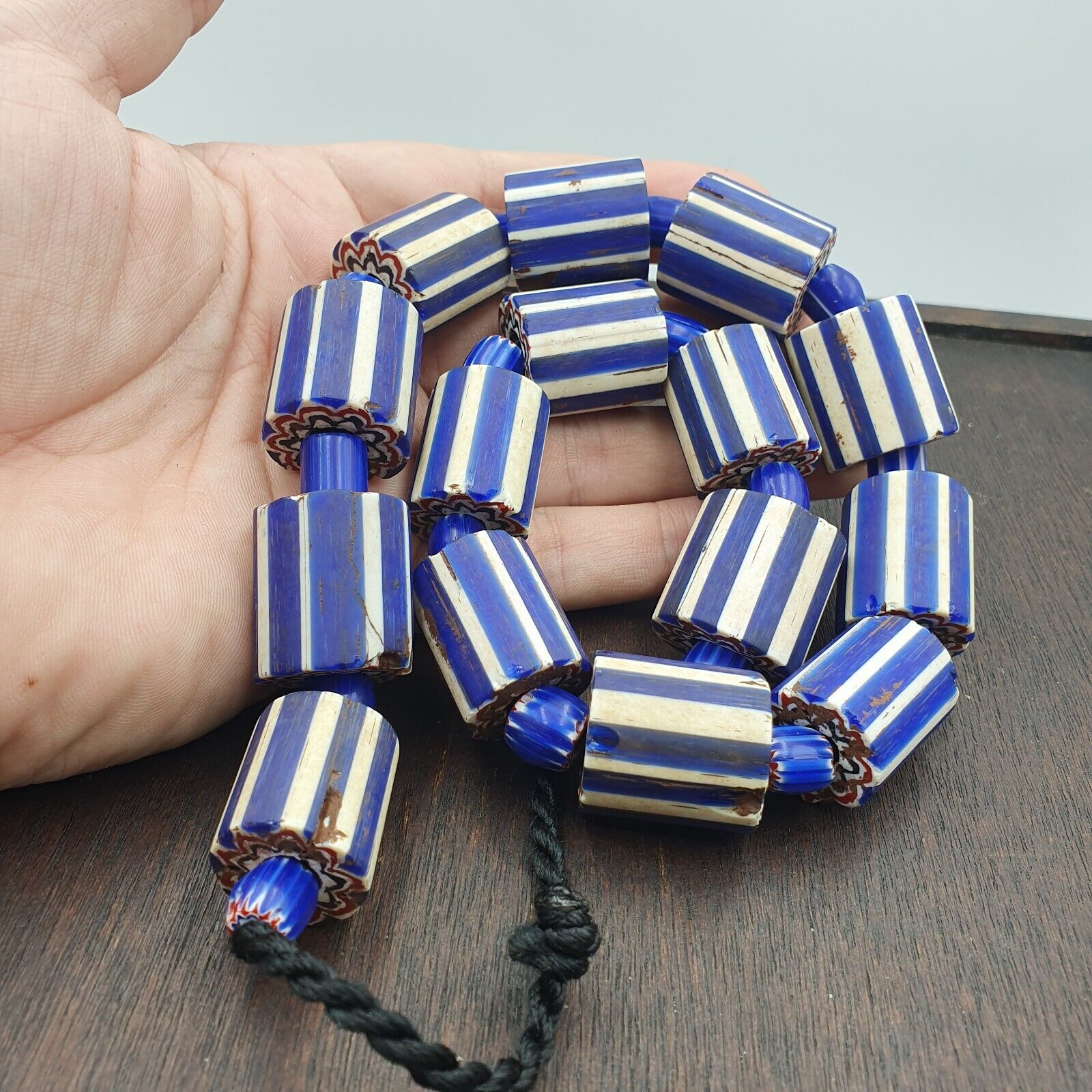Antique Venetian Style Trade African Blue Glass Chevron Beads Lot 15 Beads