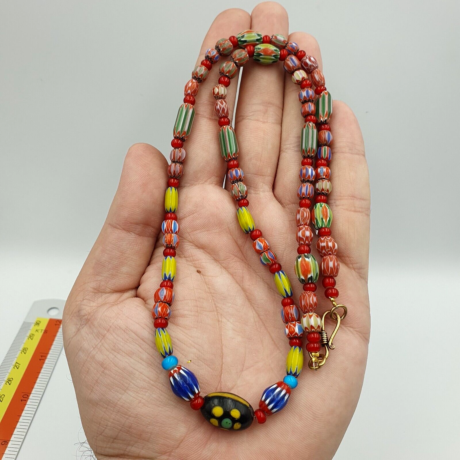 Vintage Chevron and White Heart Venetian Multilayers Glass Beads Necklace N-94