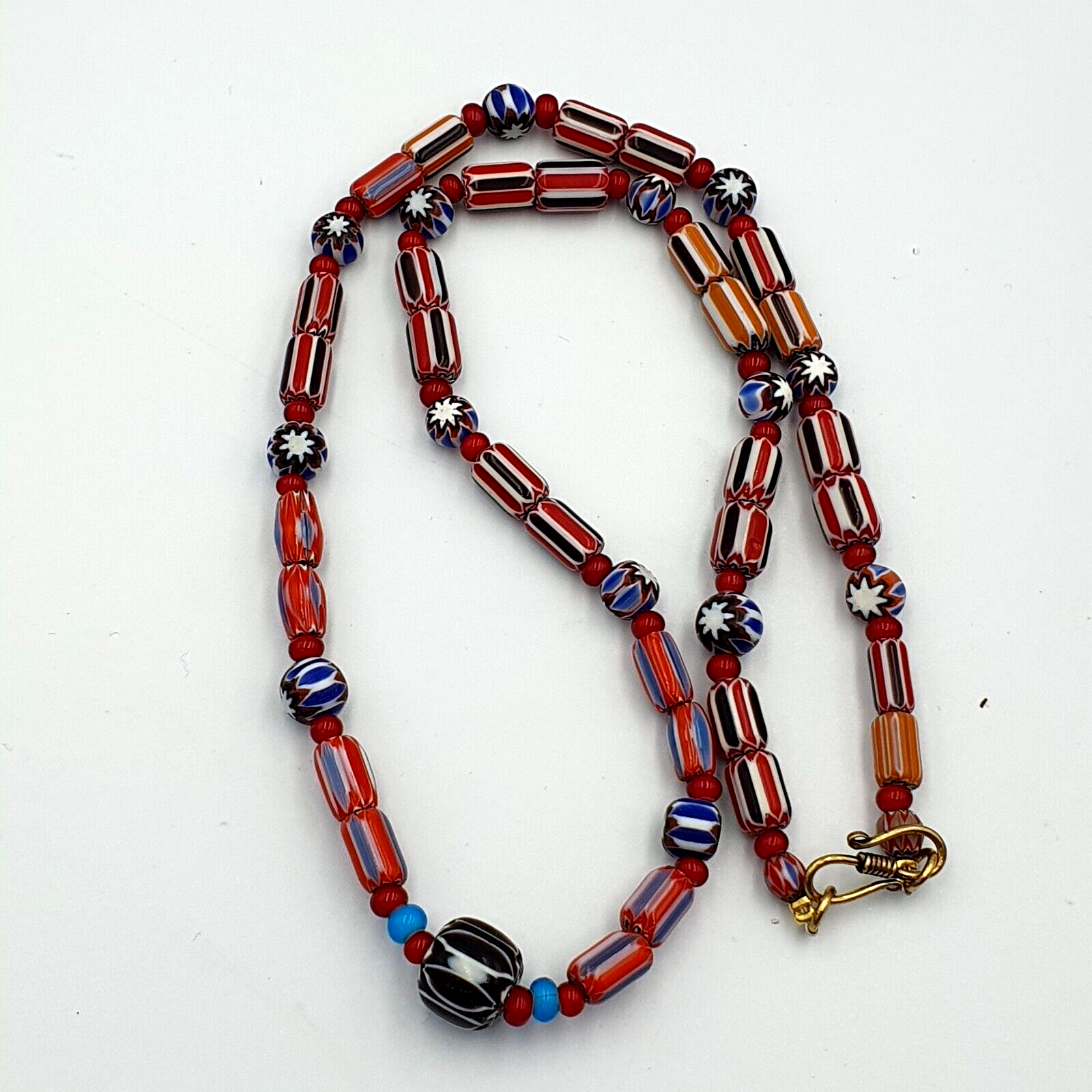 Vintage Chevron and White Heart Venetian Multilayers Glass Beads Necklace N-92