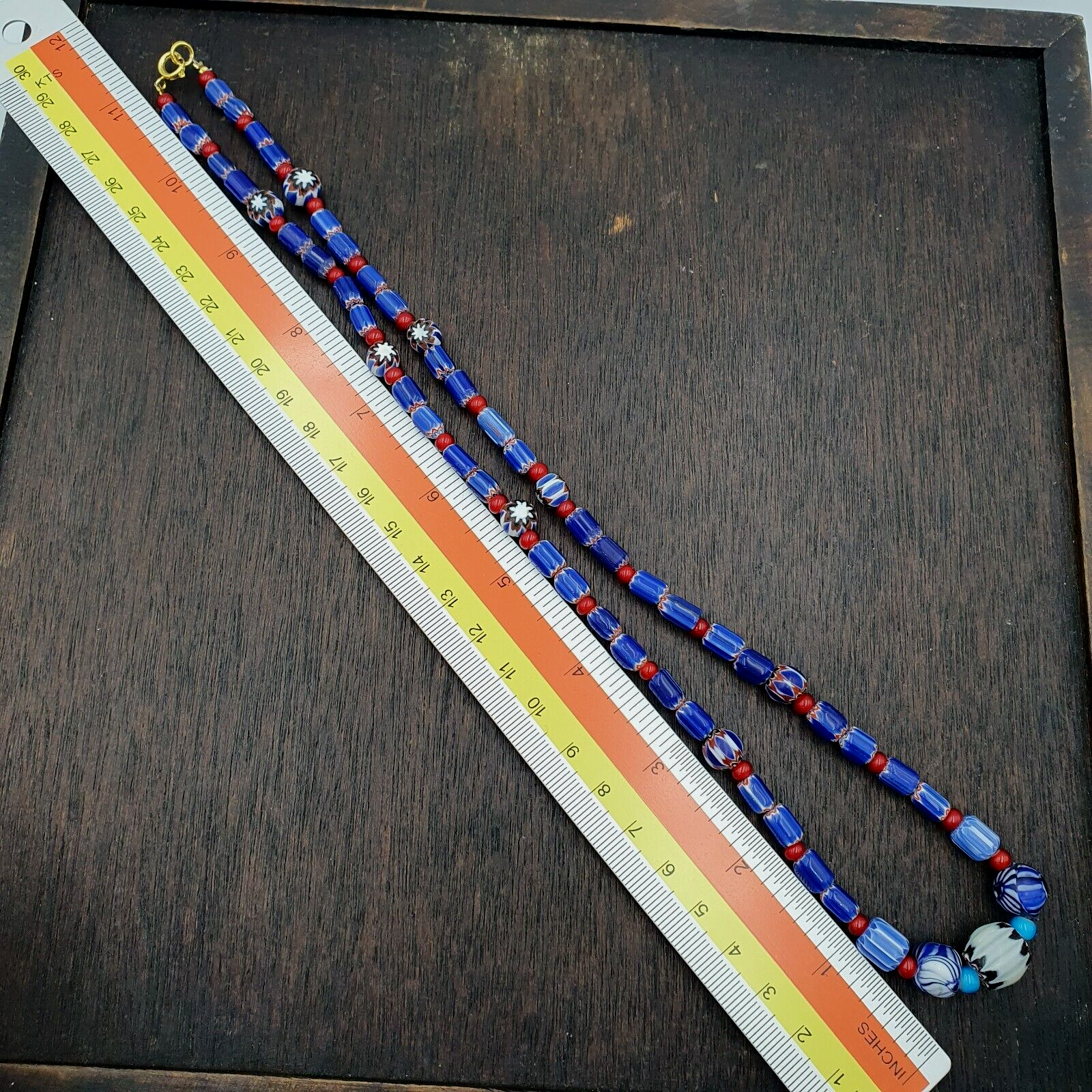 Vintage Chevron and White Heart Venetian Multilayers Glass Beads Necklace N-91