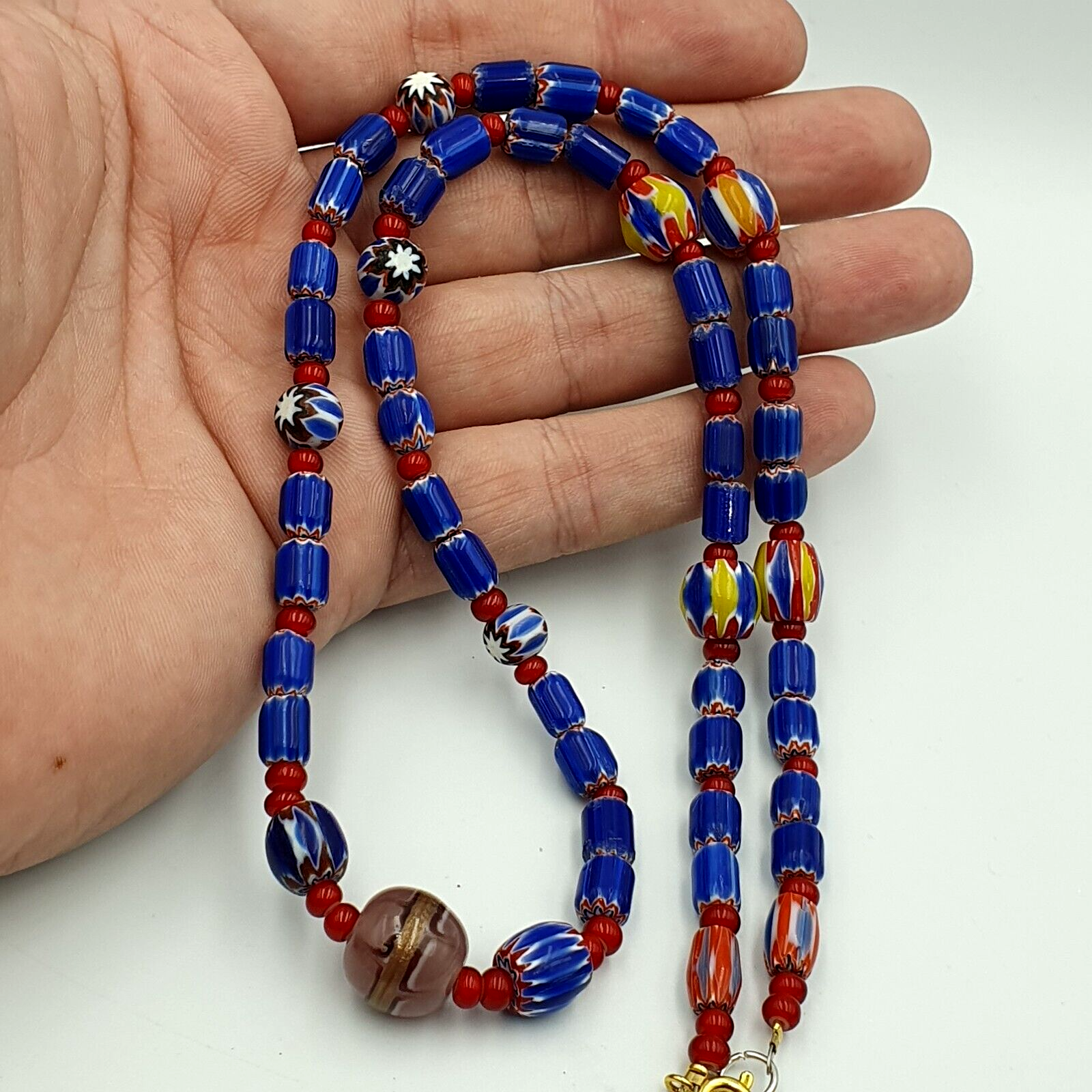Vintage Chevron and White Heart Venetian Multilayers Glass Beads Necklace N-93
