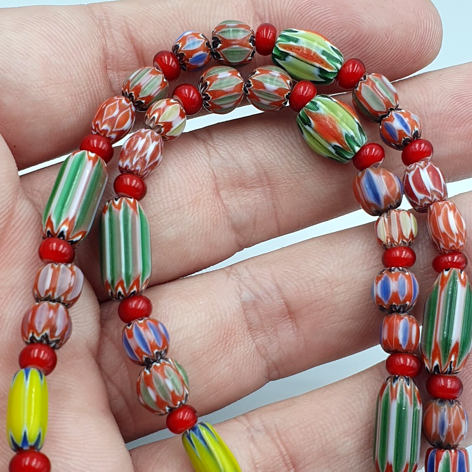 Vintage Chevron and White Heart Venetian Multilayers Glass Beads Necklace N-94