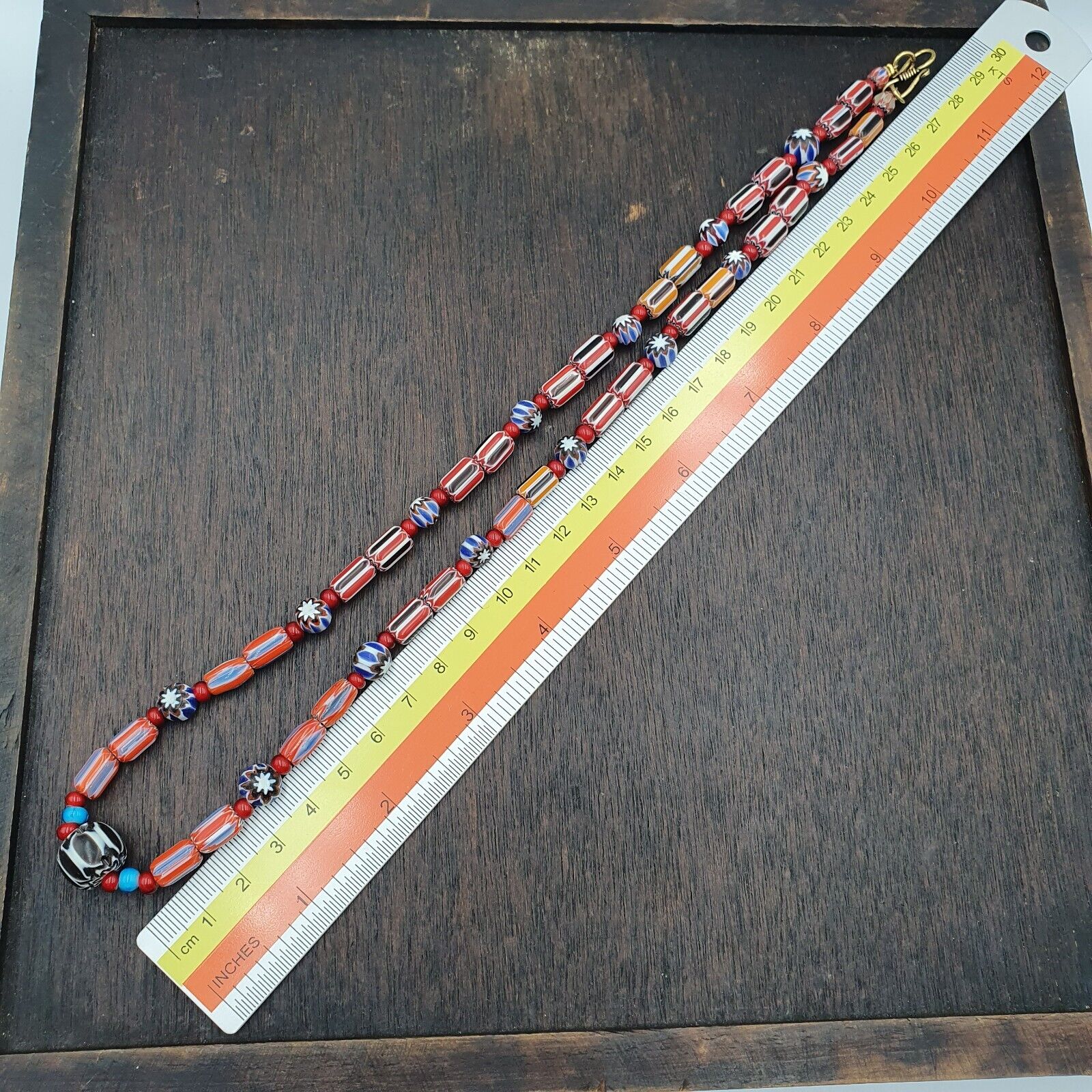 Vintage Chevron and White Heart Venetian Multilayers Glass Beads Necklace N-92