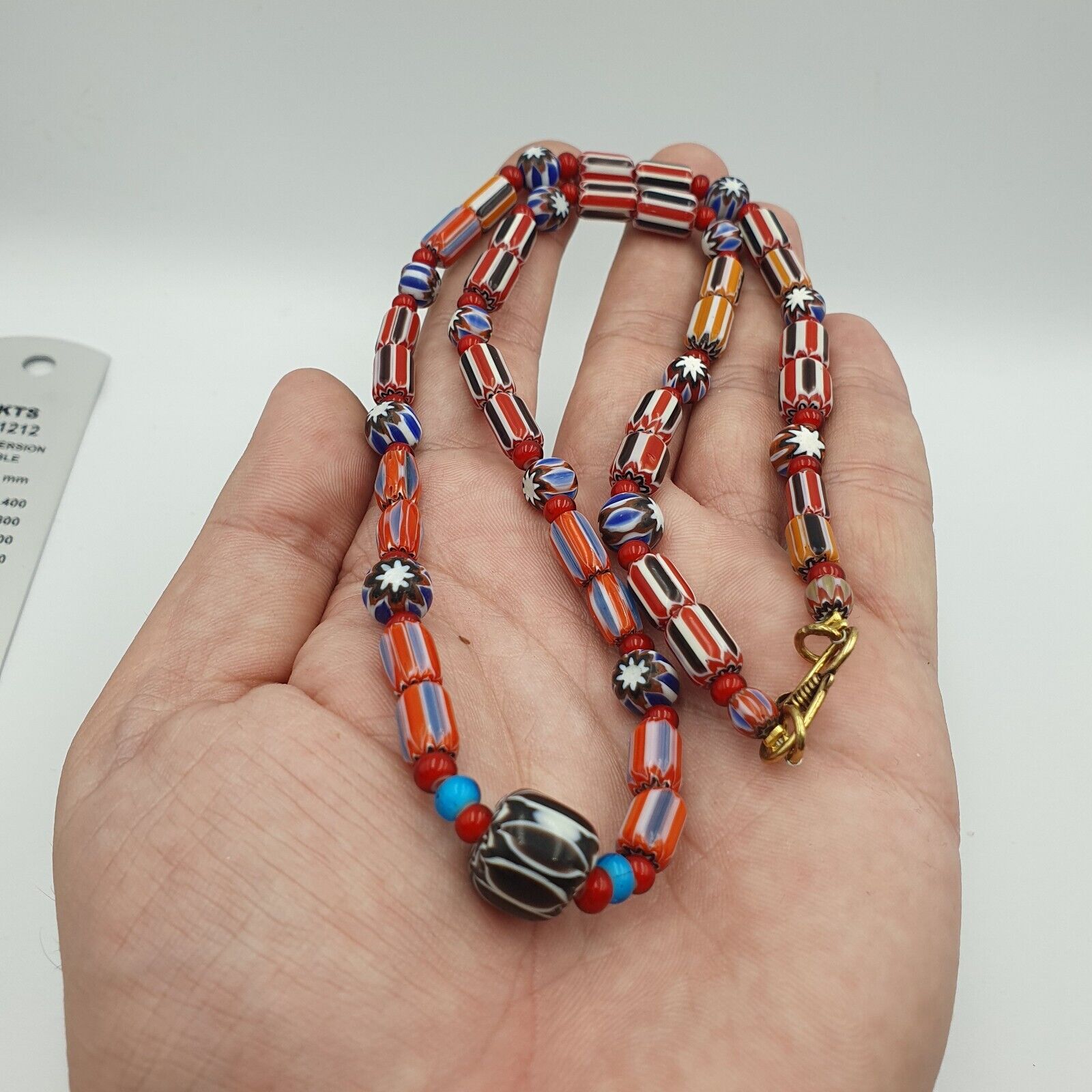 Vintage Chevron and White Heart Venetian Multilayers Glass Beads Necklace N-92