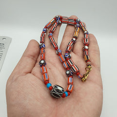 Vintage Chevron and White Heart Venetian Multilayers Glass Beads Necklace N-92