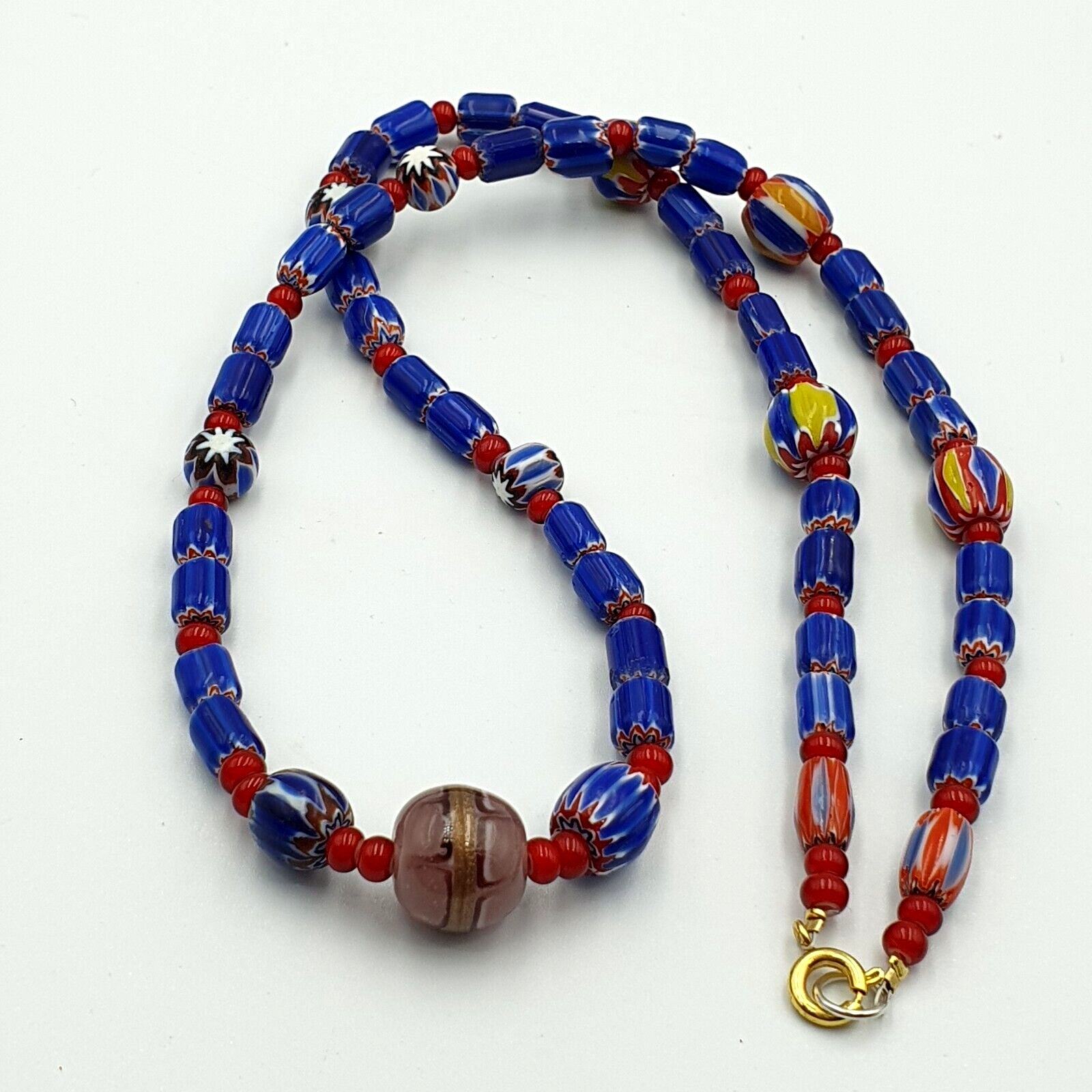 Vintage Chevron and White Heart Venetian Multilayers Glass Beads Necklace N-93