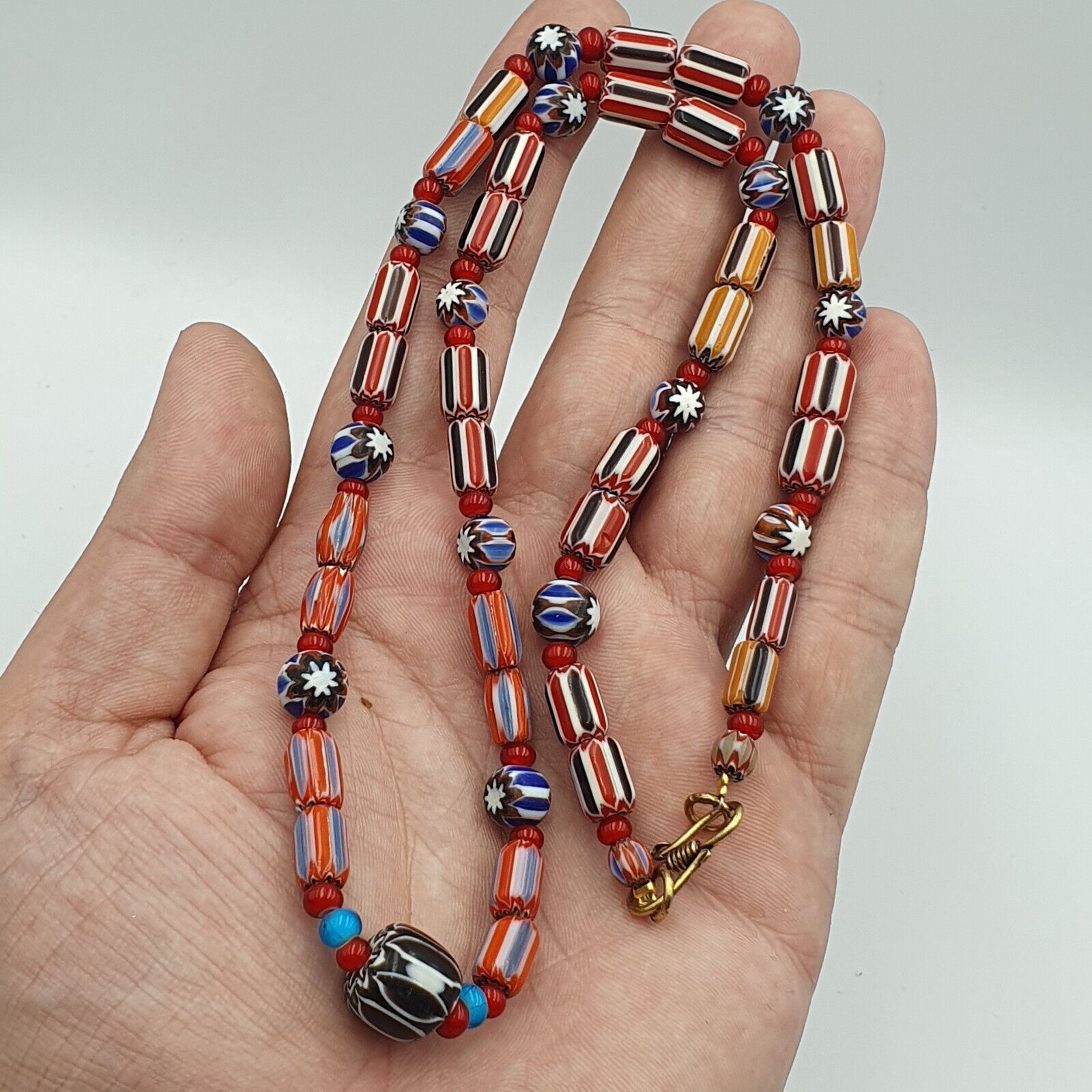 Vintage Chevron and White Heart Venetian Multilayers Glass Beads Necklace N-92