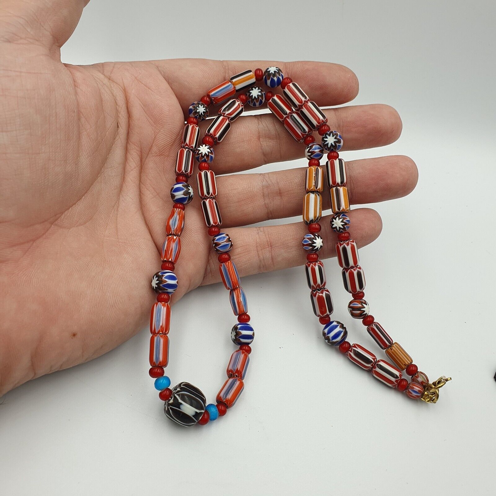 Vintage Chevron and White Heart Venetian Multilayers Glass Beads Necklace N-92