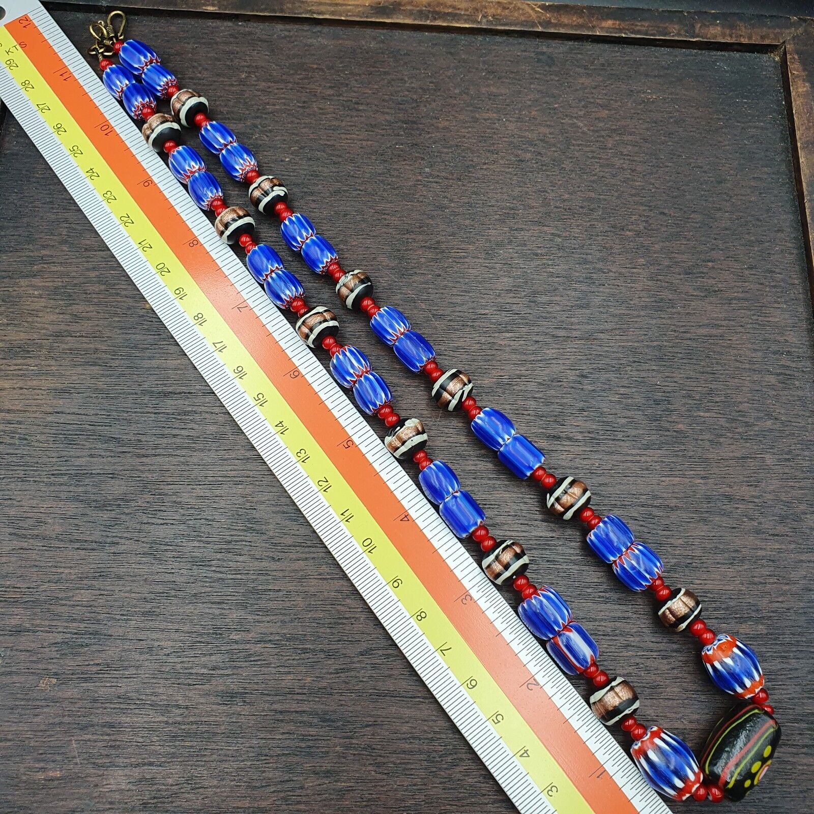 Vintage white heart Venetian Style Blue Chevron Glass Beads necklace N9-12