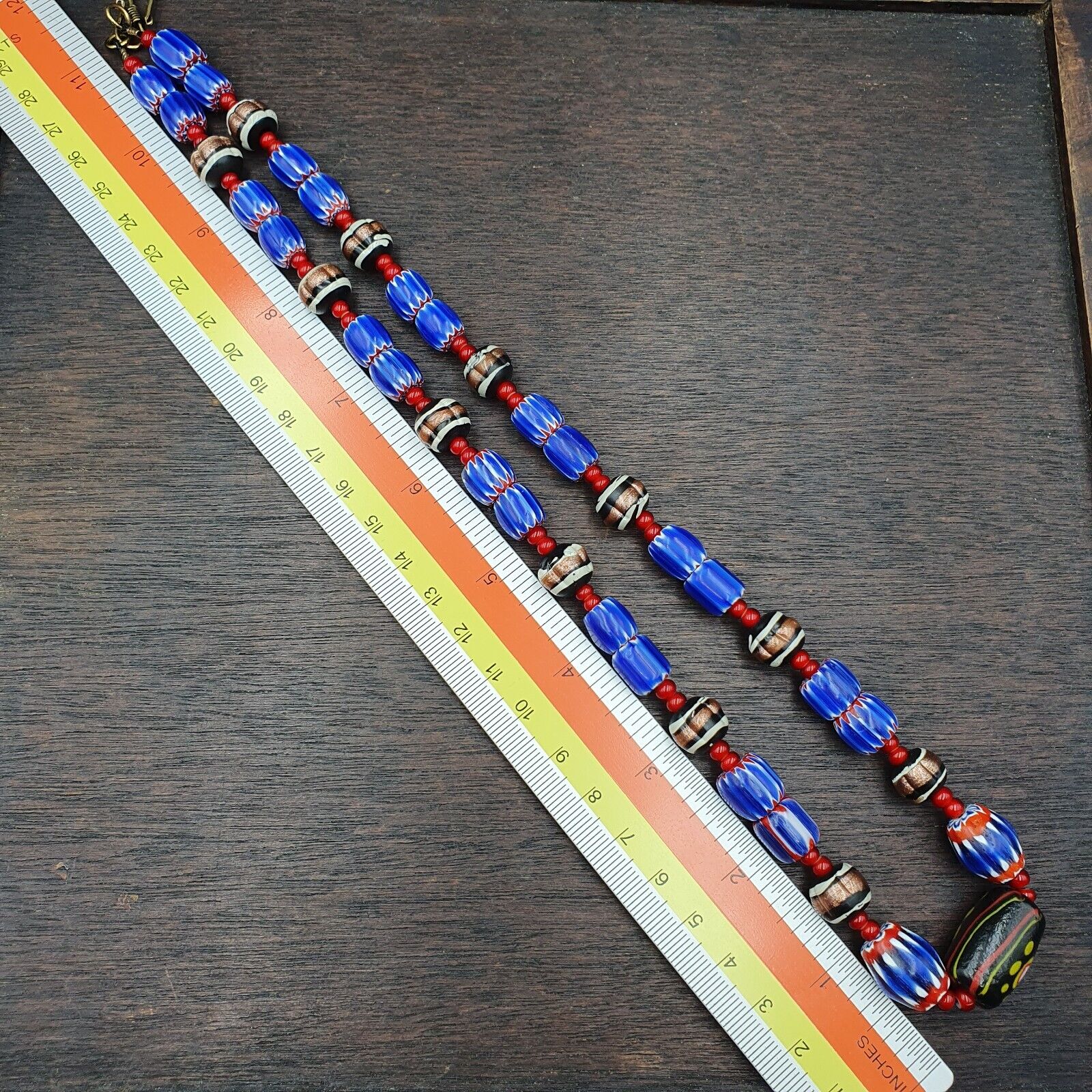 Vintage white heart Venetian Style Blue Chevron Glass Beads necklace N9-12