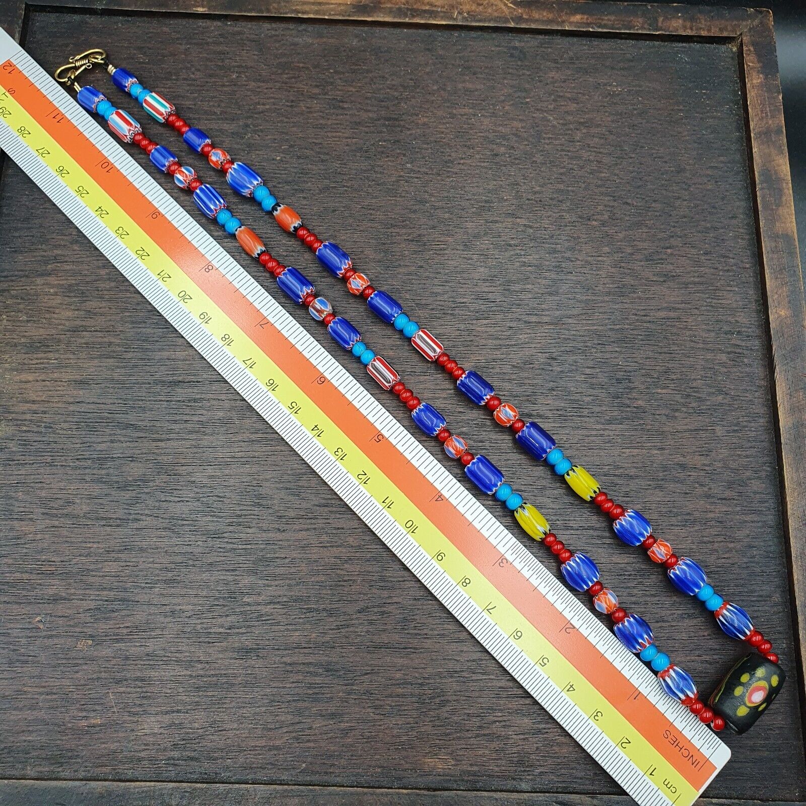 N9-11 Vintage white heart Venetian Style Blue Chevron Glass Beads necklace