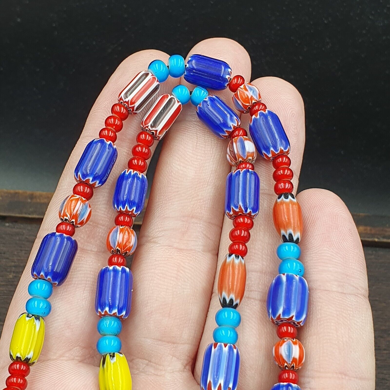 N9-11 Vintage white heart Venetian Style Blue Chevron Glass Beads necklace